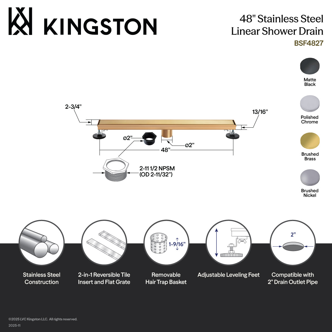 Kingston Watercourse BSF4828 48-Inch Stainless Steel Linear Shower Drain with Reversible Tile Insert and Flat Grate, Brushed Nickel