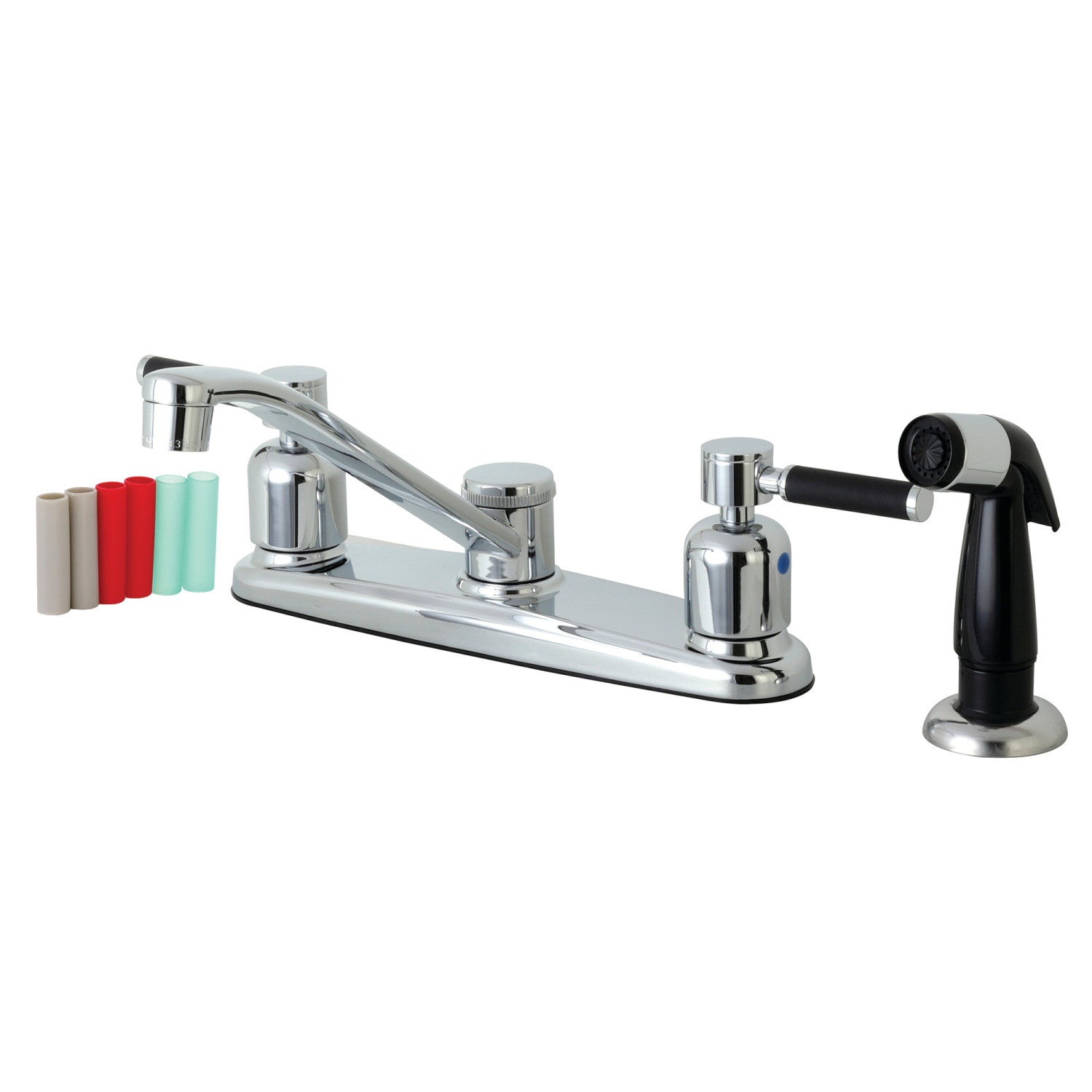 Kingston Tulare FB112DKL - Robinet de cuisine central à deux poignées Kaiser 4 trous 8" avec pulvérisateur latéral, chrome poli