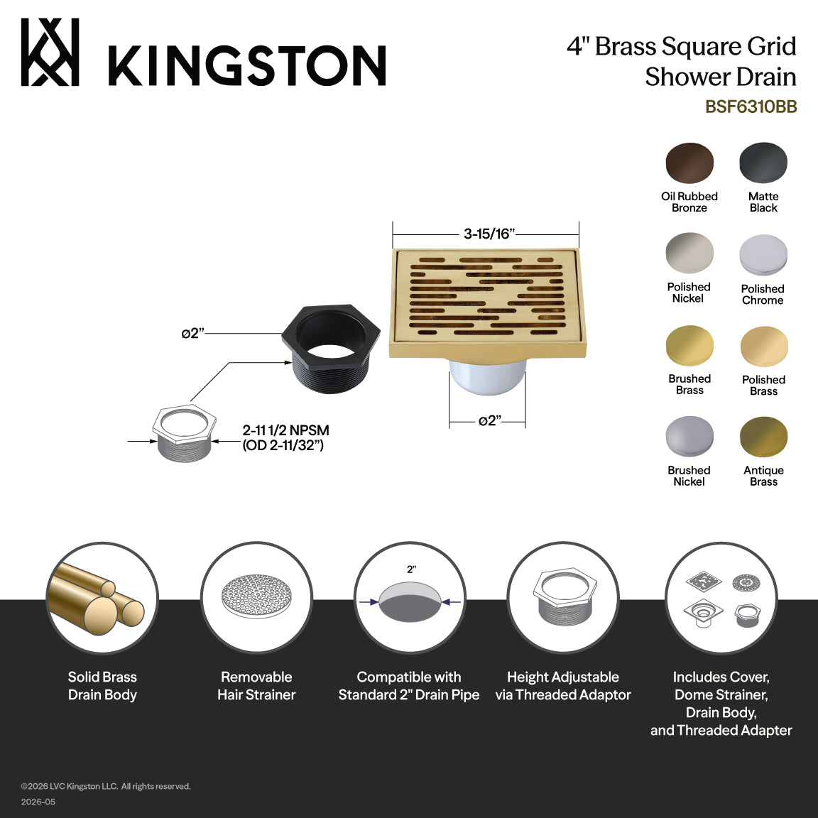 Kingston Watercourse BSF6310AB 4-Inch Brass Square Grid Shower Drain with Hair Strainer, Antique Brass