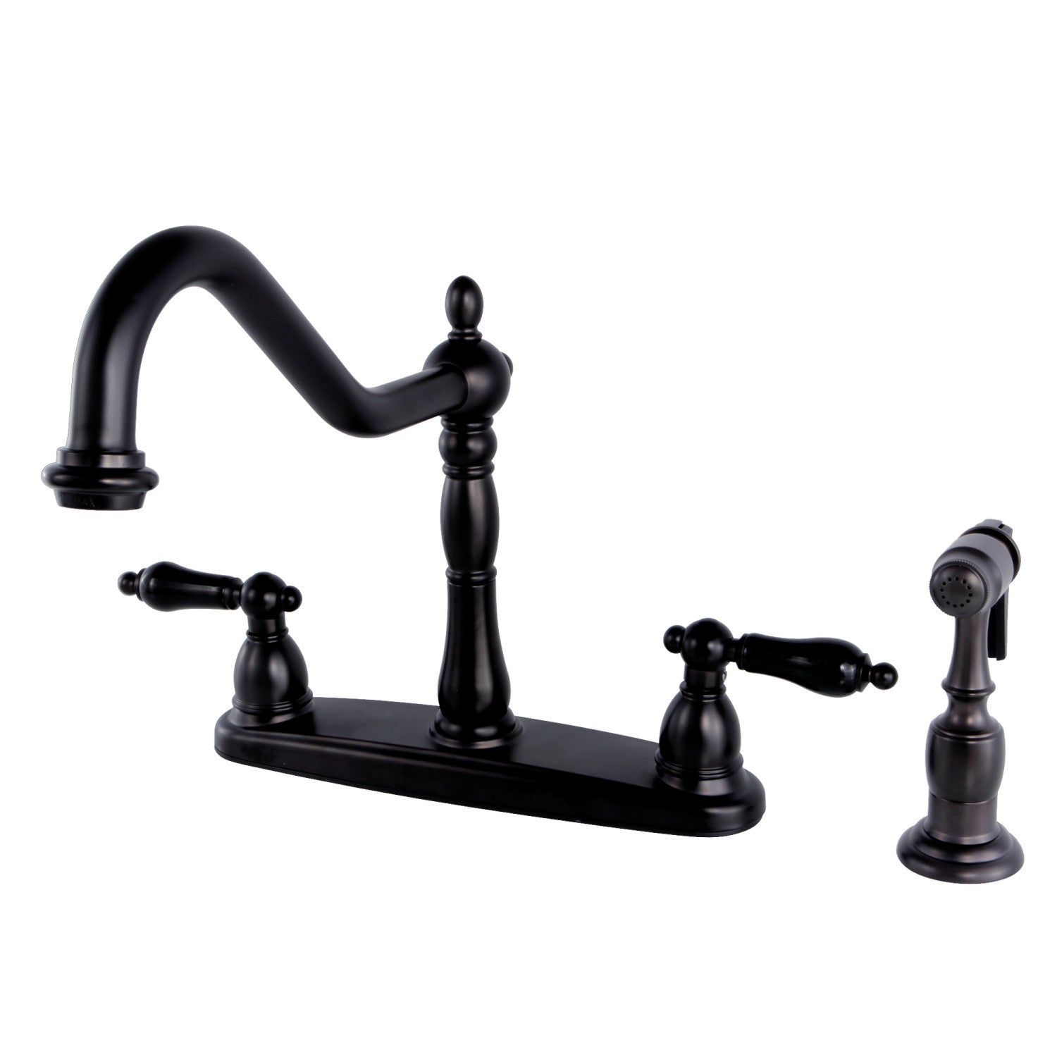 Kingston Heirloom KB1755PKLBS - Robinet de cuisine central à deux poignées 4 trous 8" avec pulvérisateur en laiton, bronze frotté à l'huile