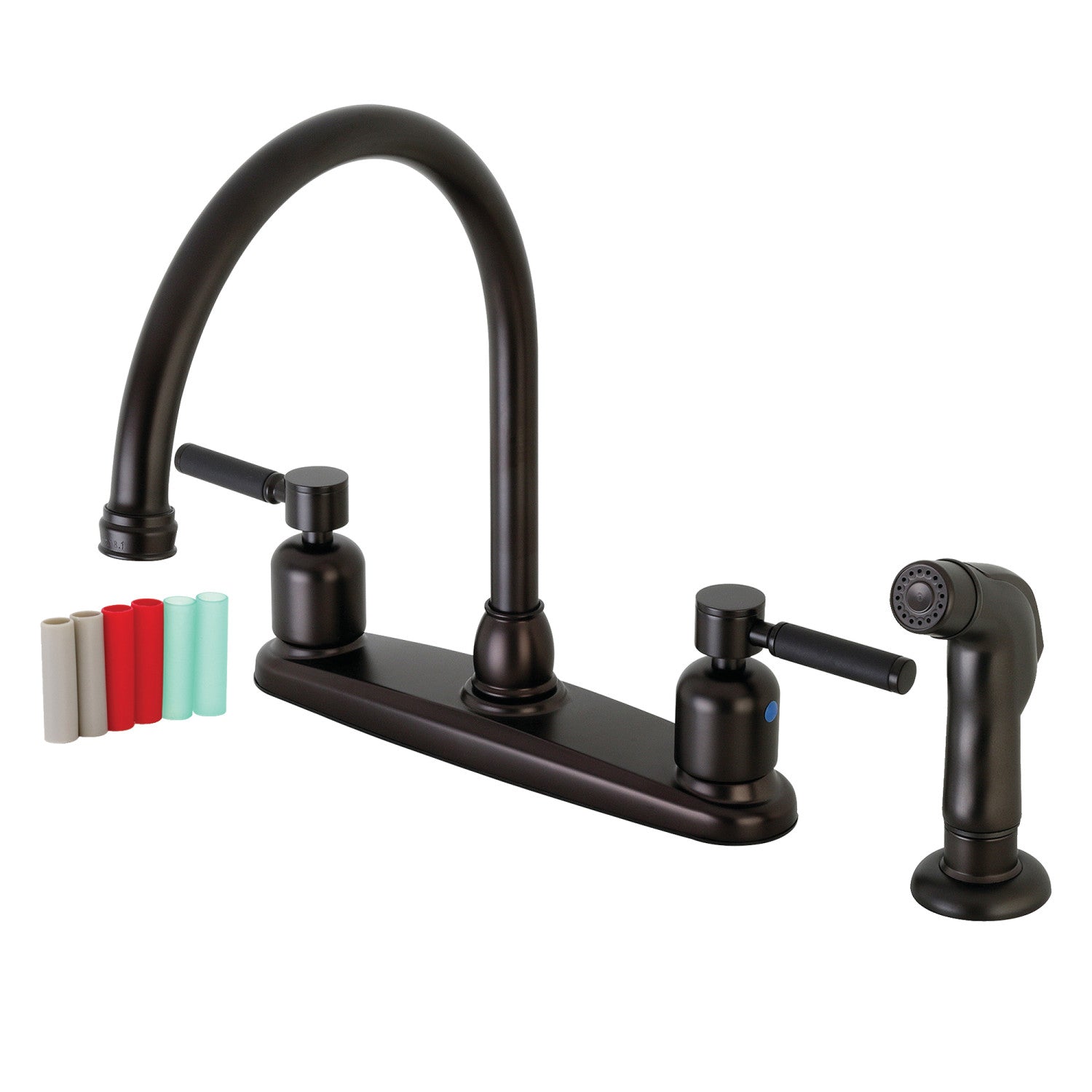 Kingston Tulare FB795DKLSP - Robinet de cuisine central à deux poignées Kaiser 4 trous 8" avec pulvérisateur latéral, bronze frotté à l'huile
