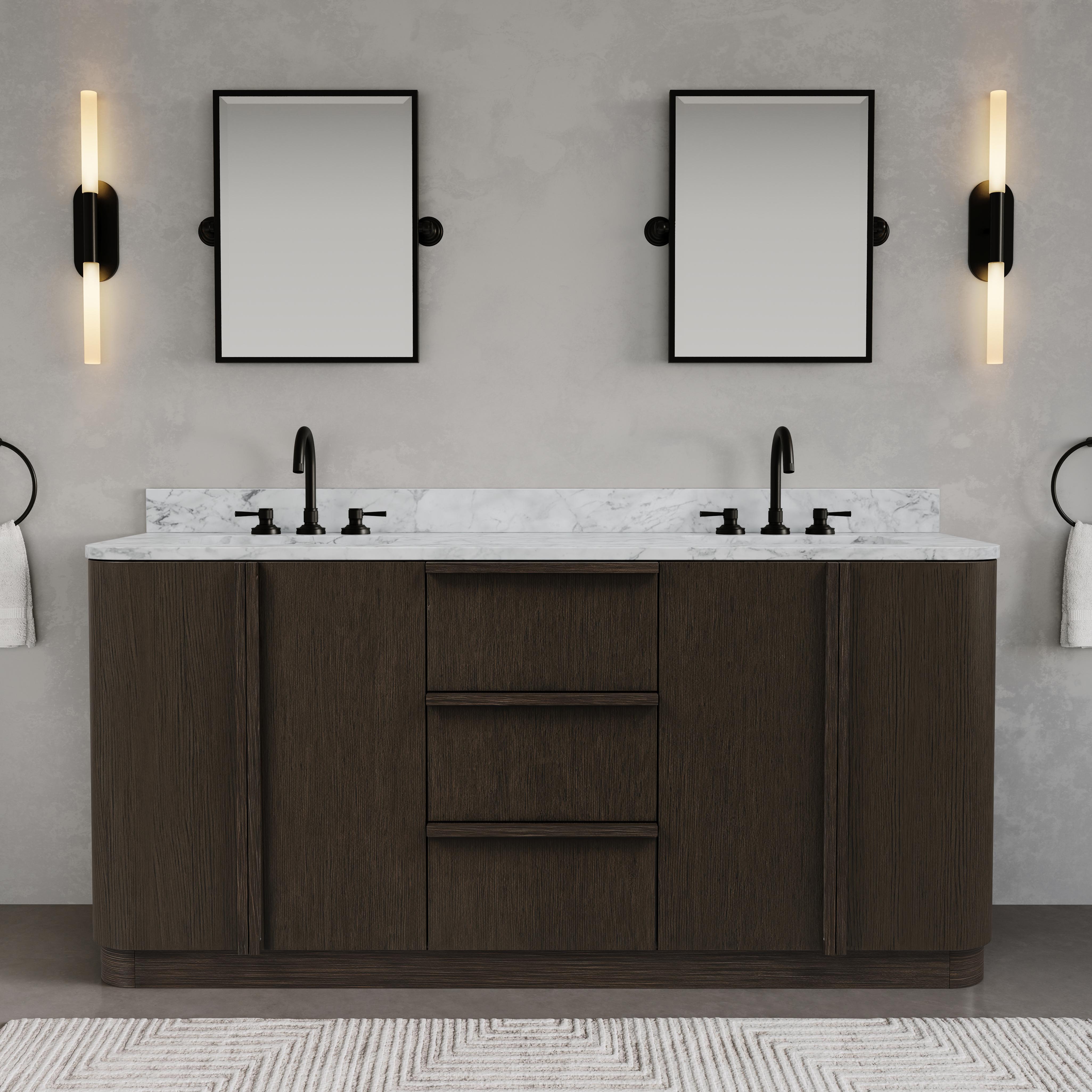 Kingston Luxe OX72CW00CO - 72 in. x 22 in. Bathroom Vanity Double Sink Freestanding with Carrara White Marble Top, Charcoal Oak