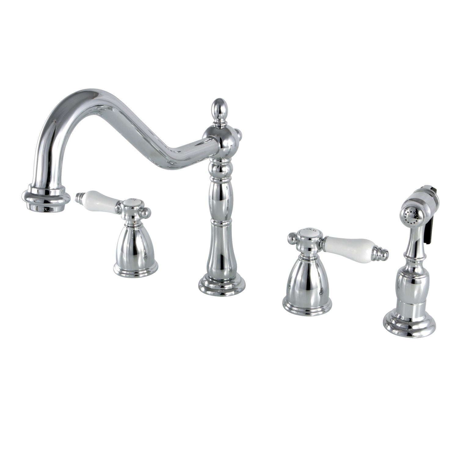 Kingston Heirloom KB1791BPLBS - Robinet de cuisine à double poignée Bel-Air avec pulvérisateur en laiton, chrome poli