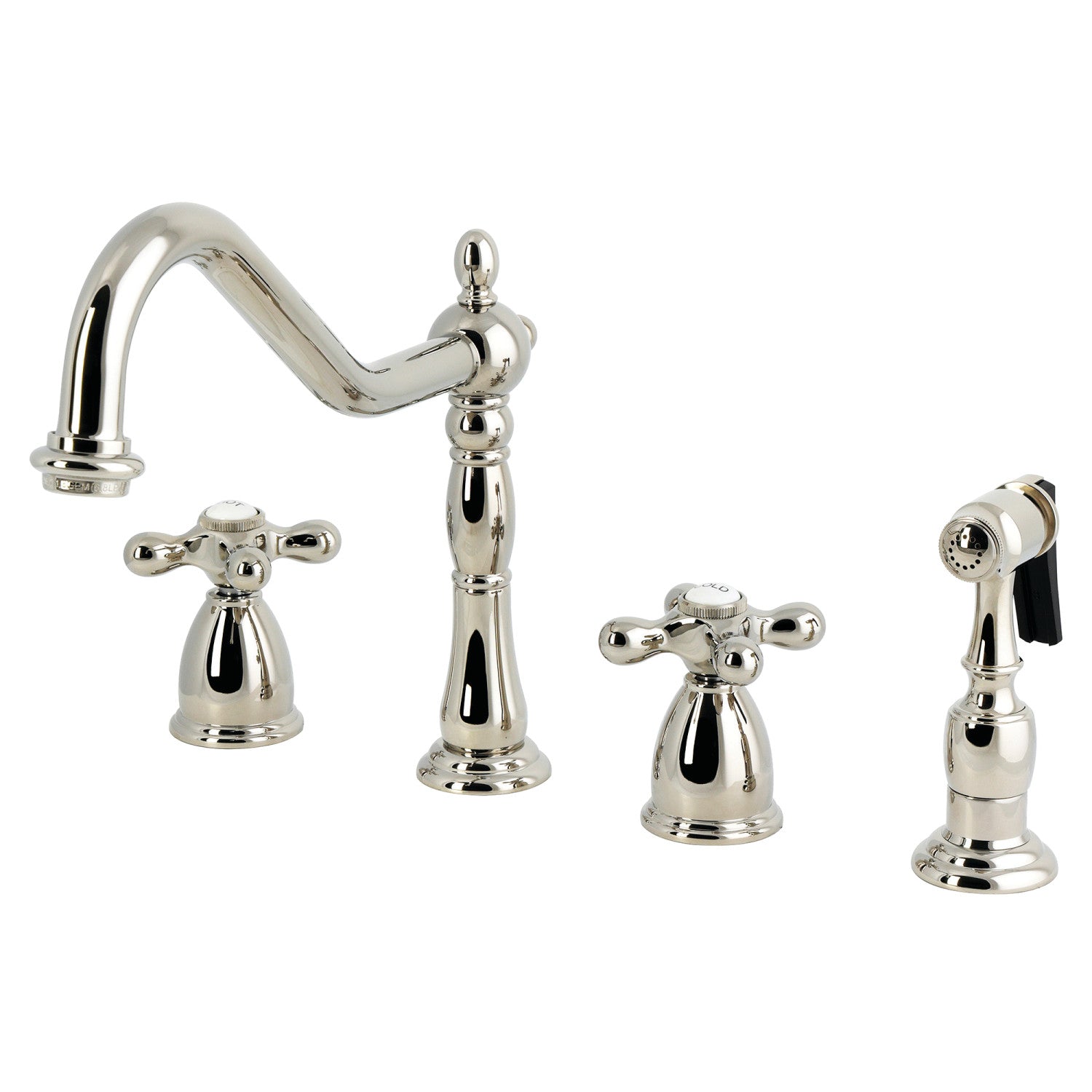 Kingston Heirloom KB1796AXBS - Robinet de cuisine à double poignée Heritage 4 trous avec pulvérisateur en laiton, nickel poli