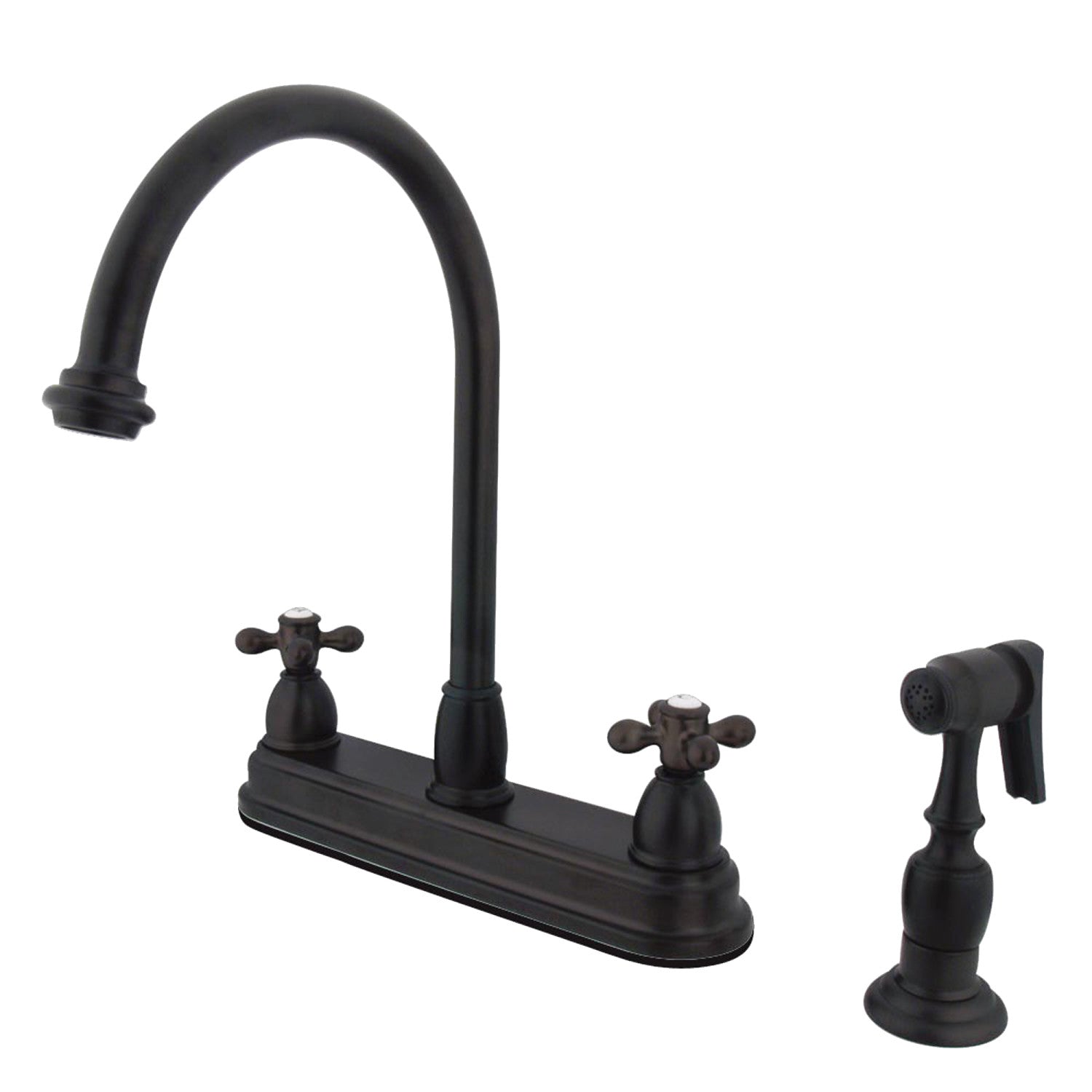Kingston Heirloom KB3755AXBS - Robinet de cuisine central à deux poignées de restauration 4 trous 8" avec pulvérisateur en laiton, bronze frotté à l'huile