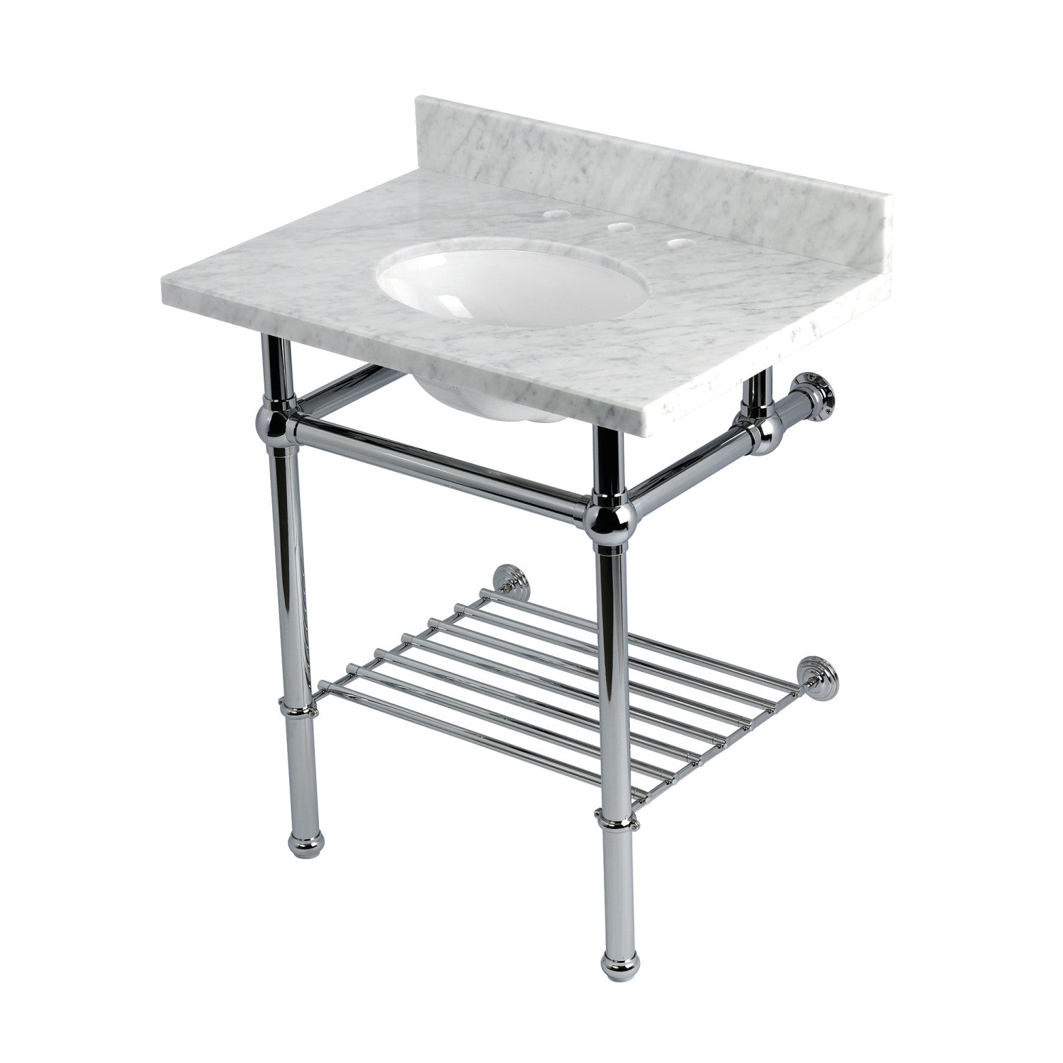 Kingston Heirloom KVPB30MBB1 - Templeton 30-Inch Carrara Marble Console Sink with Brass Legs and Shelf (8-Inch, 3-Hole), Carrara Marble White/Polished Chrome