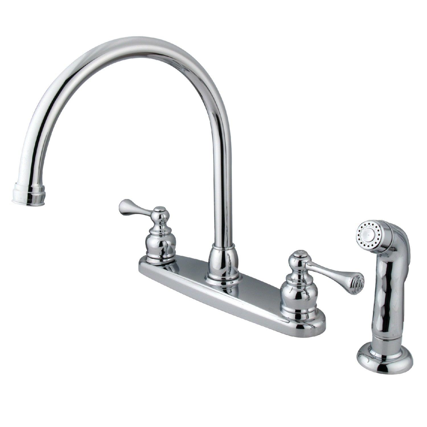 Kingston Tulare KB721BLSP - Robinet de cuisine central à deux poignées vintage 4 trous 8" avec pulvérisateur latéral, chrome poli