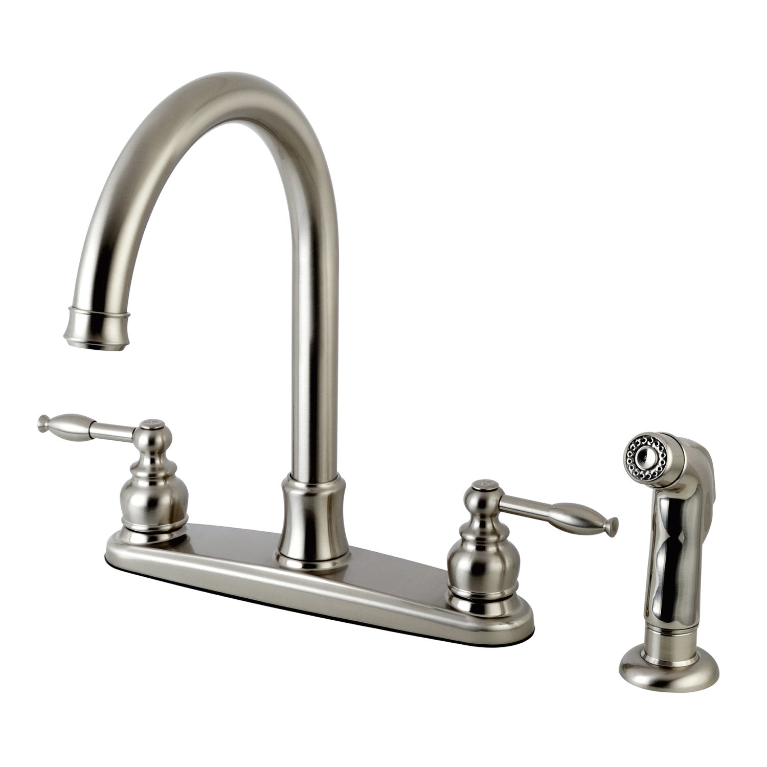 Kingston Tulare FB7798KLSP - Robinet de cuisine central à deux poignées Knight 4 trous 8" avec pulvérisateur latéral, nickel brossé