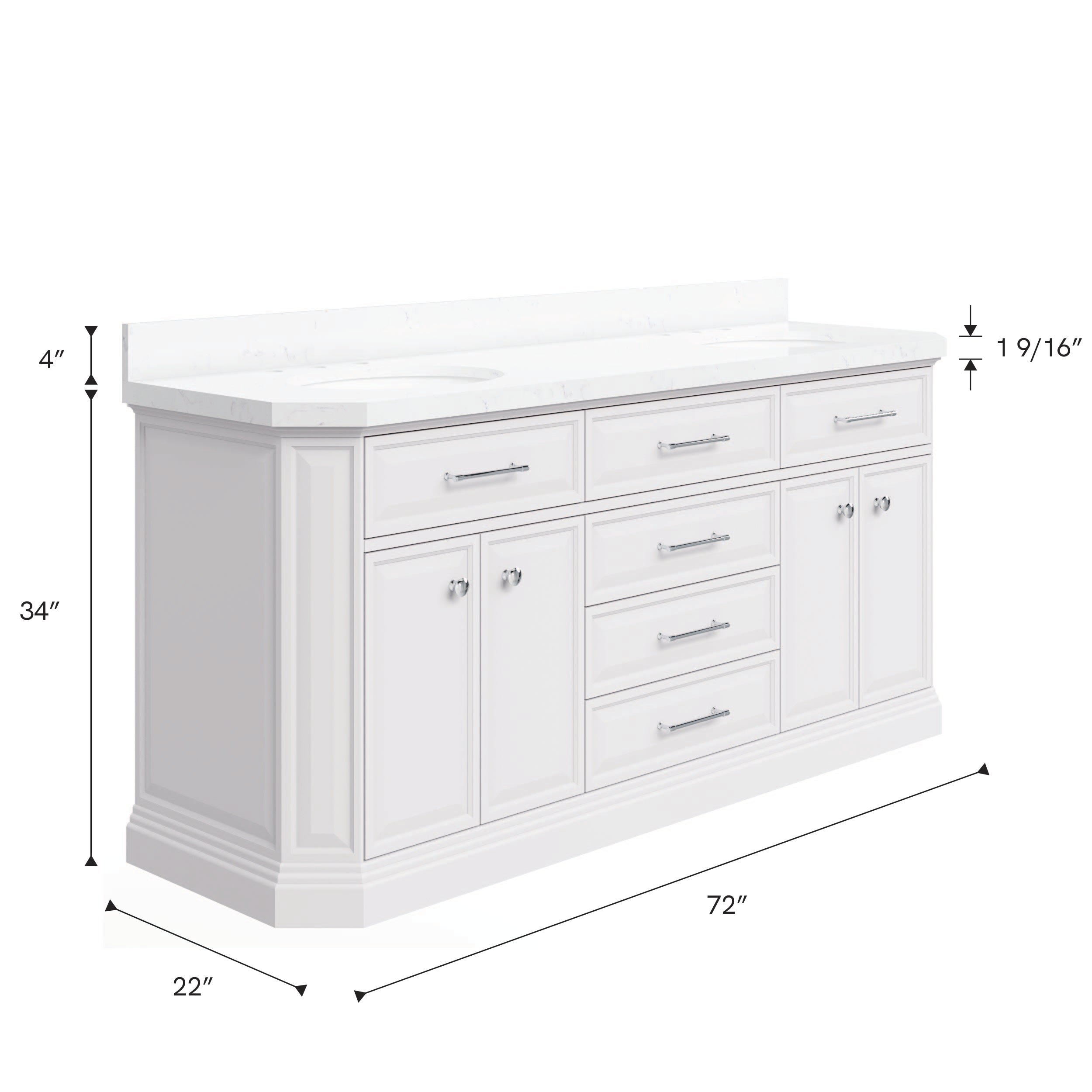 Kingston Luxe PA72QZ01PW - 72 in. x 22 in. Bathroom Vanity Quartz Top and White Basin, Pure White