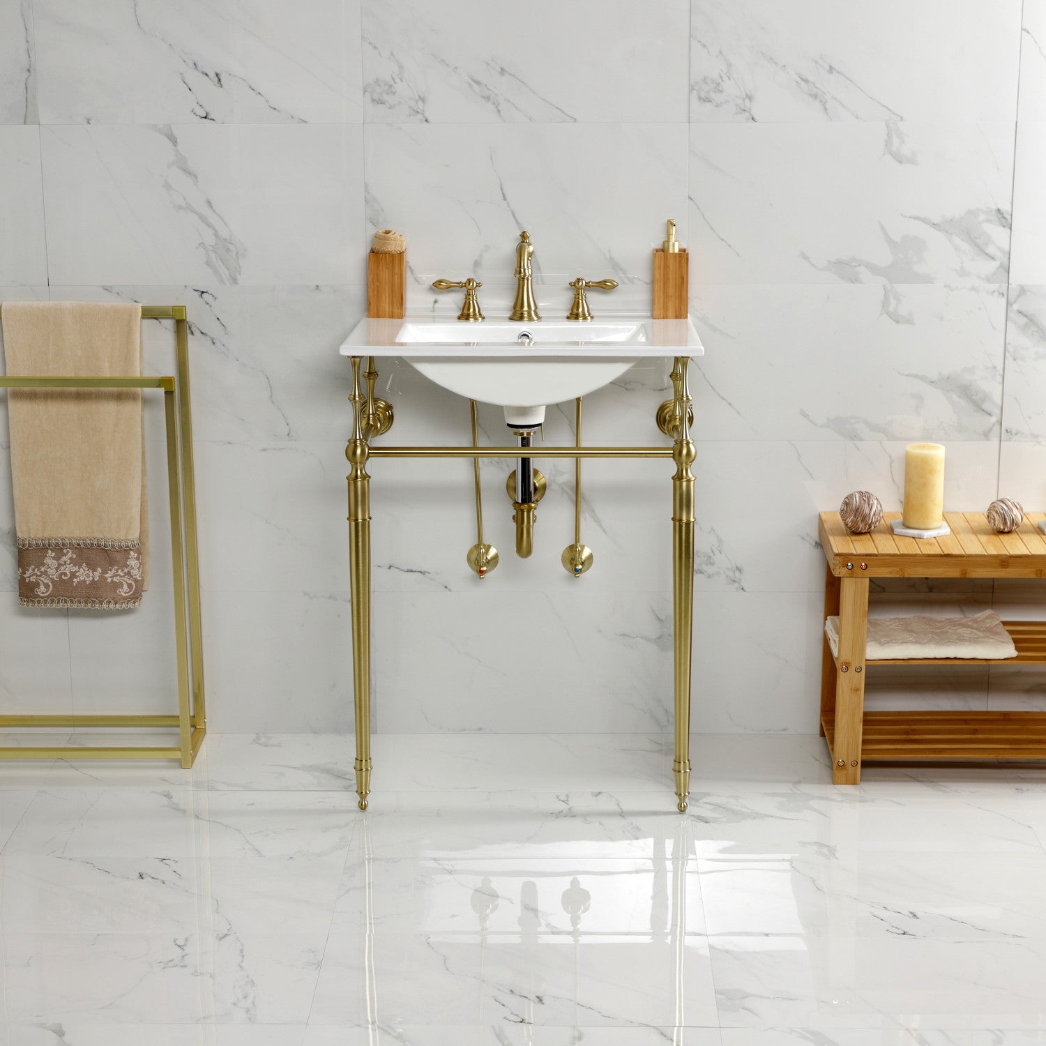 Kingston Heirloom KVPB24187W8BB - Edwardian 24-Inch Ceramic Console Sink with Brass Legs (8-Inch, 3-Hole), White/Brushed Brass