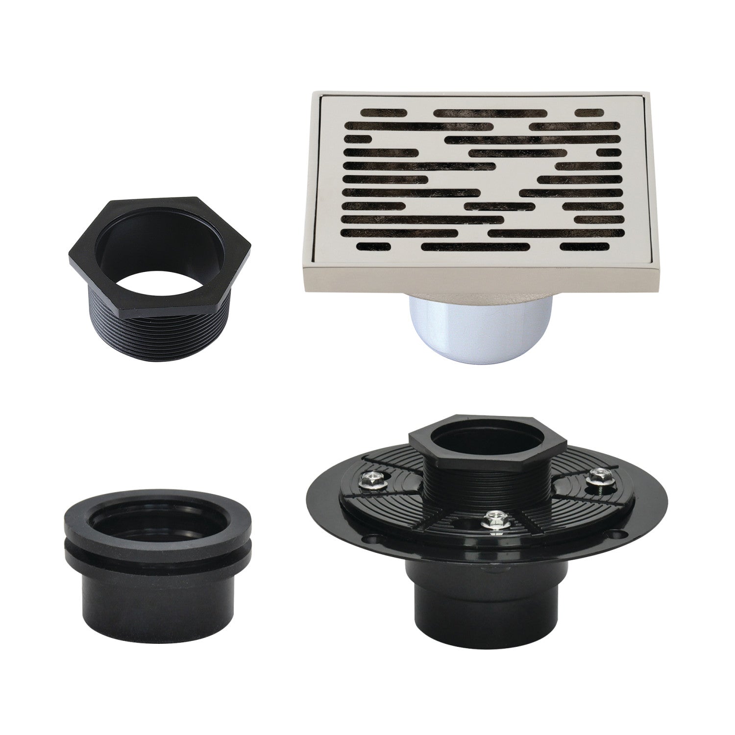 Kingston Watercourse BSFK6310PN 4-Inch Brass Square Grid Shower Drain with Hair Strainer and Base Flange, Polished Nickel