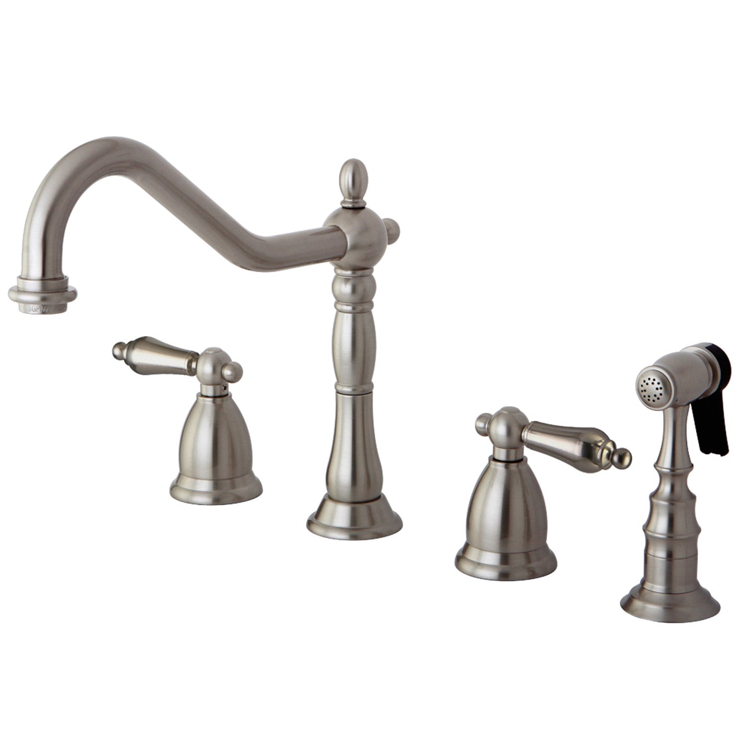 Kingston Heirloom KS1798ALBS - Heritage Double-Handle 4-Hole Widespread Kitchen Faucet with Brass Sprayer, Brushed Nickel