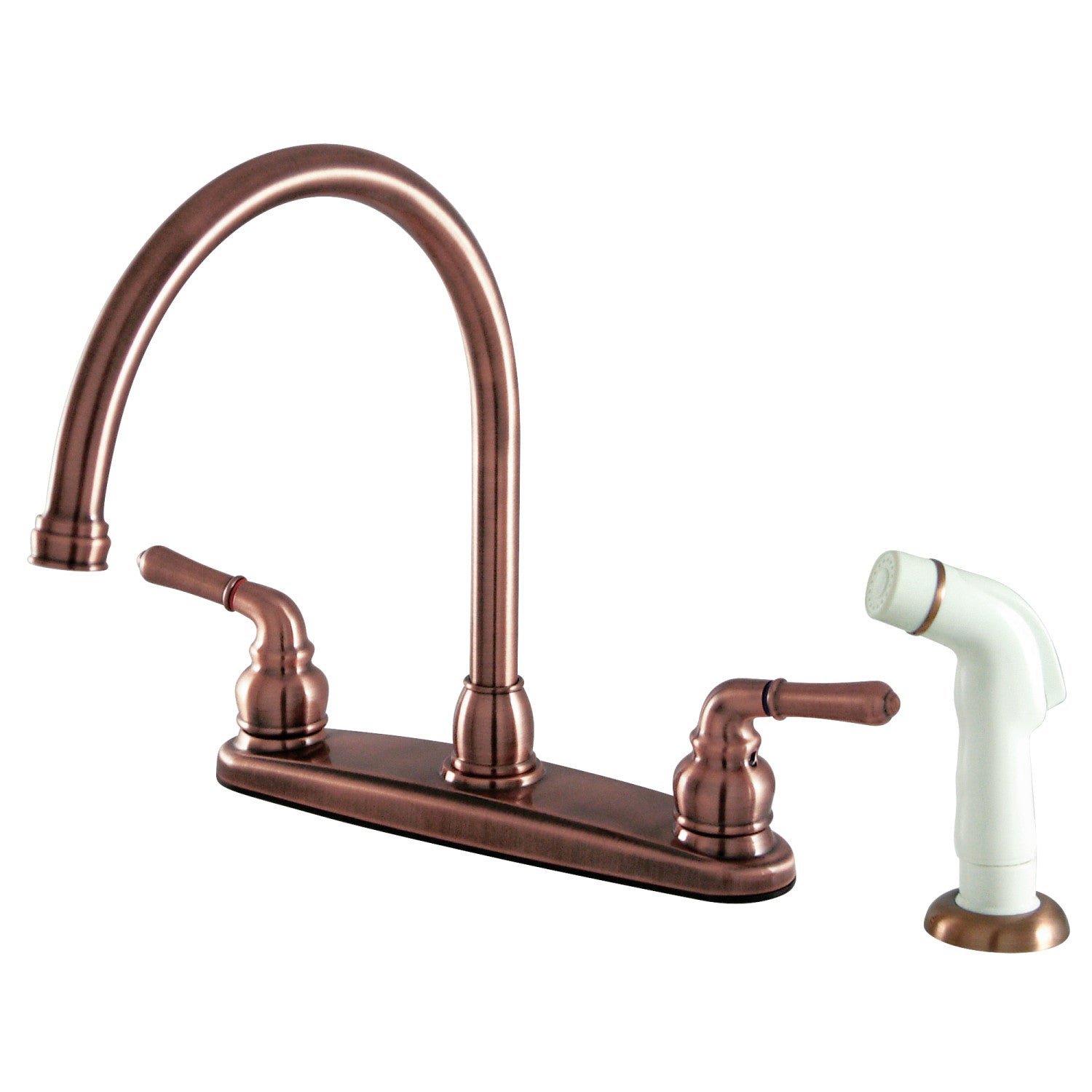Kingston Tulare KB796 - Robinet de cuisine à deux poignées Magellan 4 trous 8" avec pulvérisateur latéral, cuivre antique