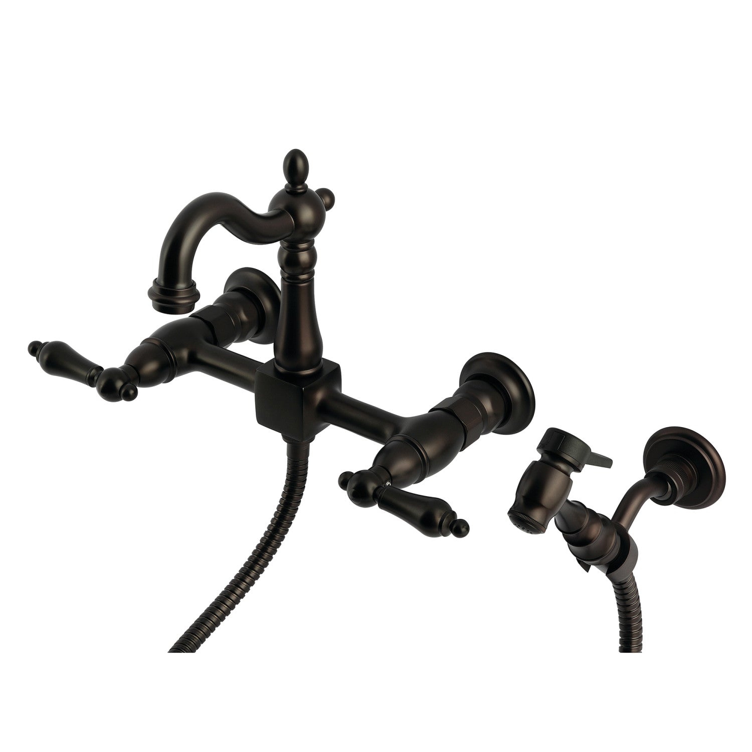 Kingston Heirloom KS2445ALBS - Robinet de cuisine à deux poignées Heritage 3 trous Wall Mount Bridge avec pulvérisateur en laiton, bronze à l'huile