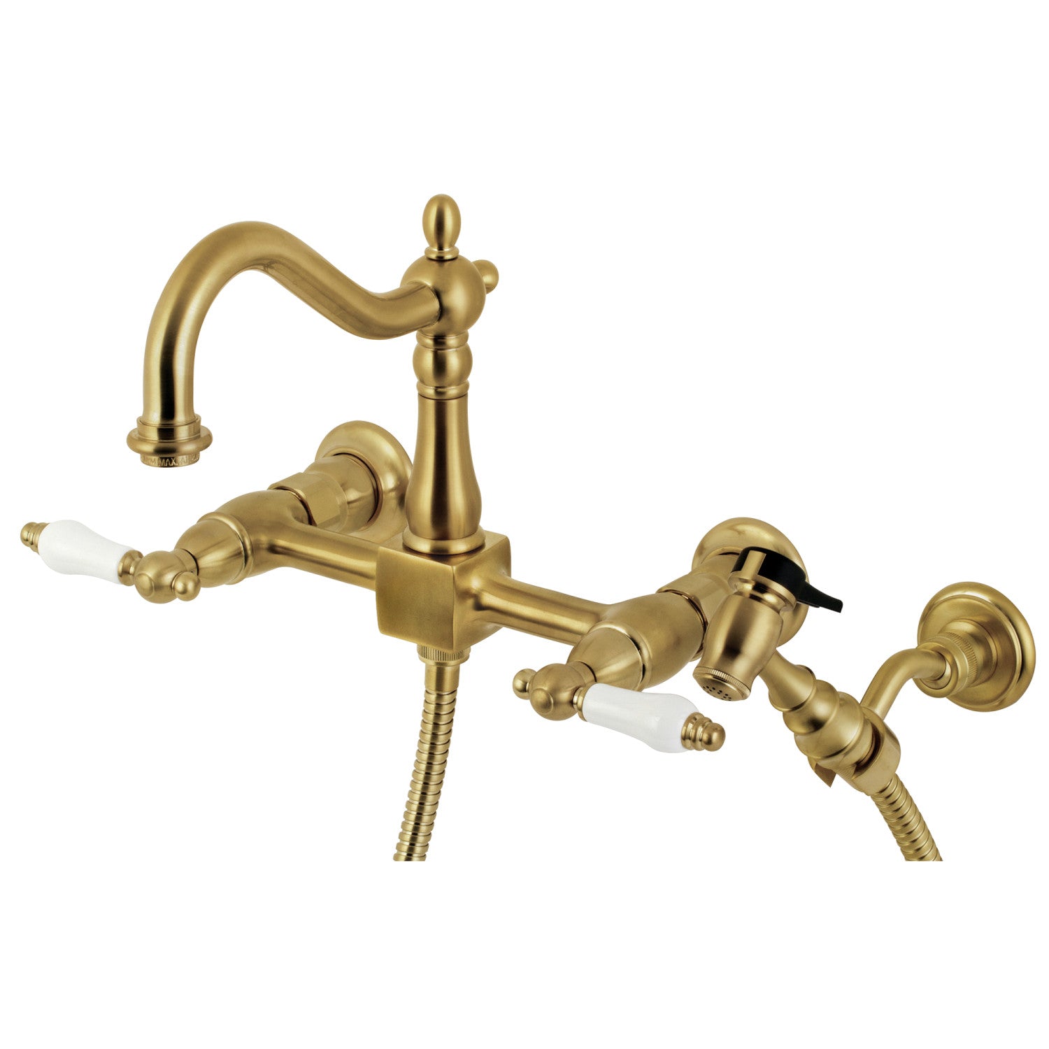 Kingston Heirloom KS1267PLBS - Robinet de cuisine à deux poignées Heritage 3 trous Wall Mount Bridge avec pulvérisateur en laiton, laiton brossé