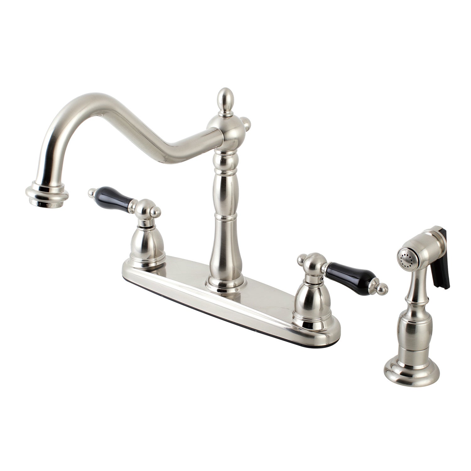 Kingston Heirloom KB1758PKLBS - Robinet de cuisine à deux poignées 4 trous 8" avec pulvérisateur en laiton, nickel brossé
