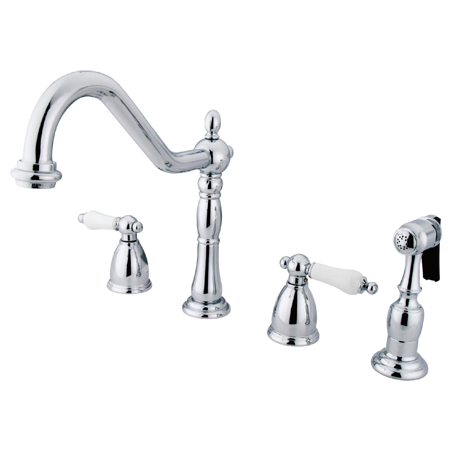 Kingston Heirloom KB1791PLBS - Robinet de cuisine à double poignée Heritage 4 trous avec pulvérisateur en laiton, chrome poli