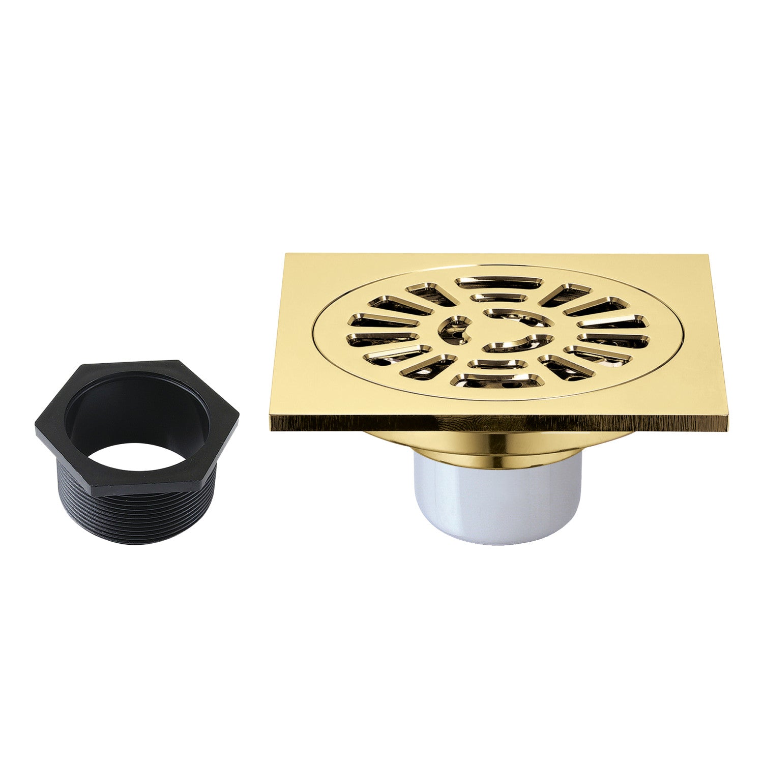 Kingston Watercourse BSF4267PB 4-Inch Brass Square Grid Shower Drain with Hair Strainer, Polished Brass