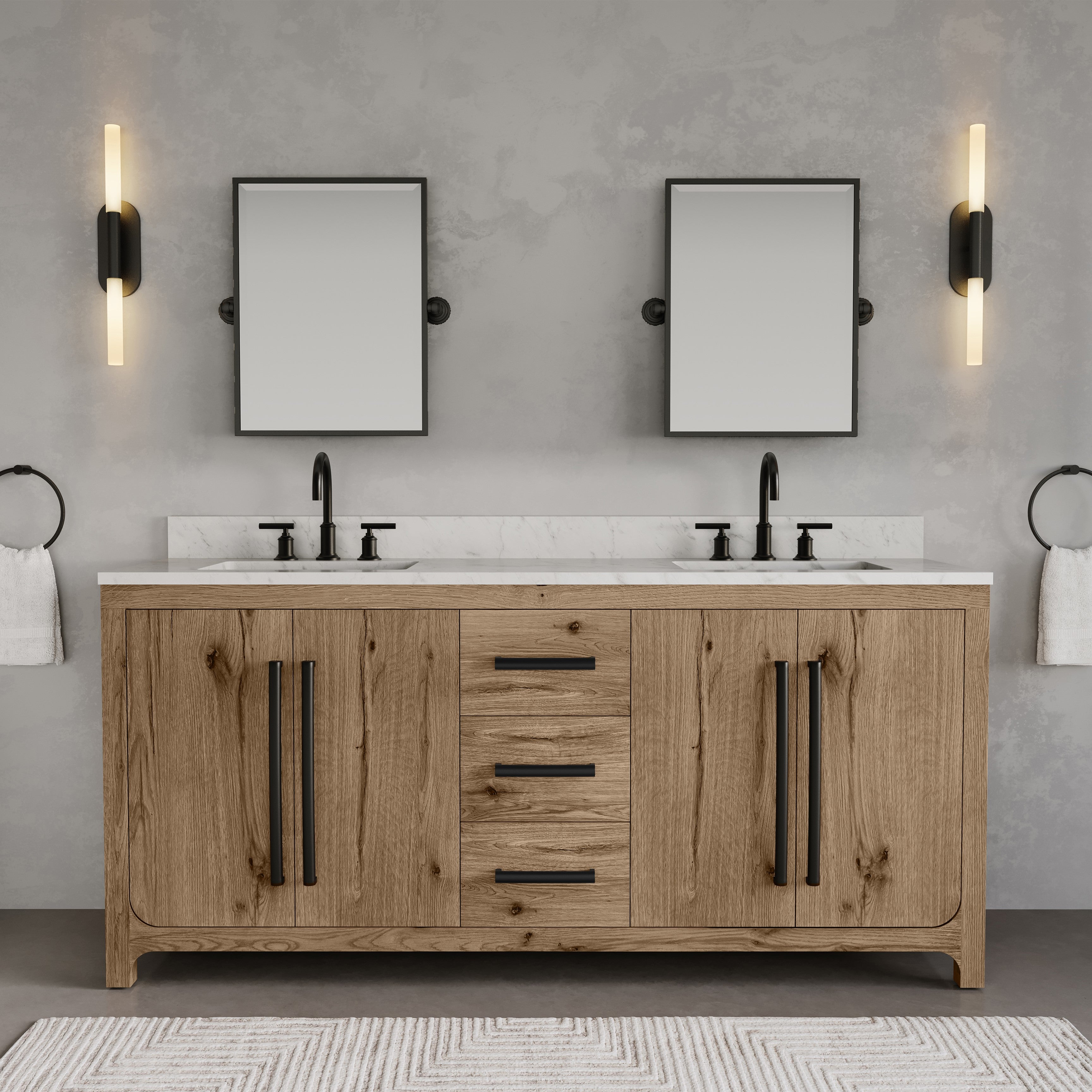 Kingston Luxe PE72EM07WO - 72 in. x 22 in. Bathroom Vanity Double Sink with Carrara White Engineered Stone Top, Weathered Oak
