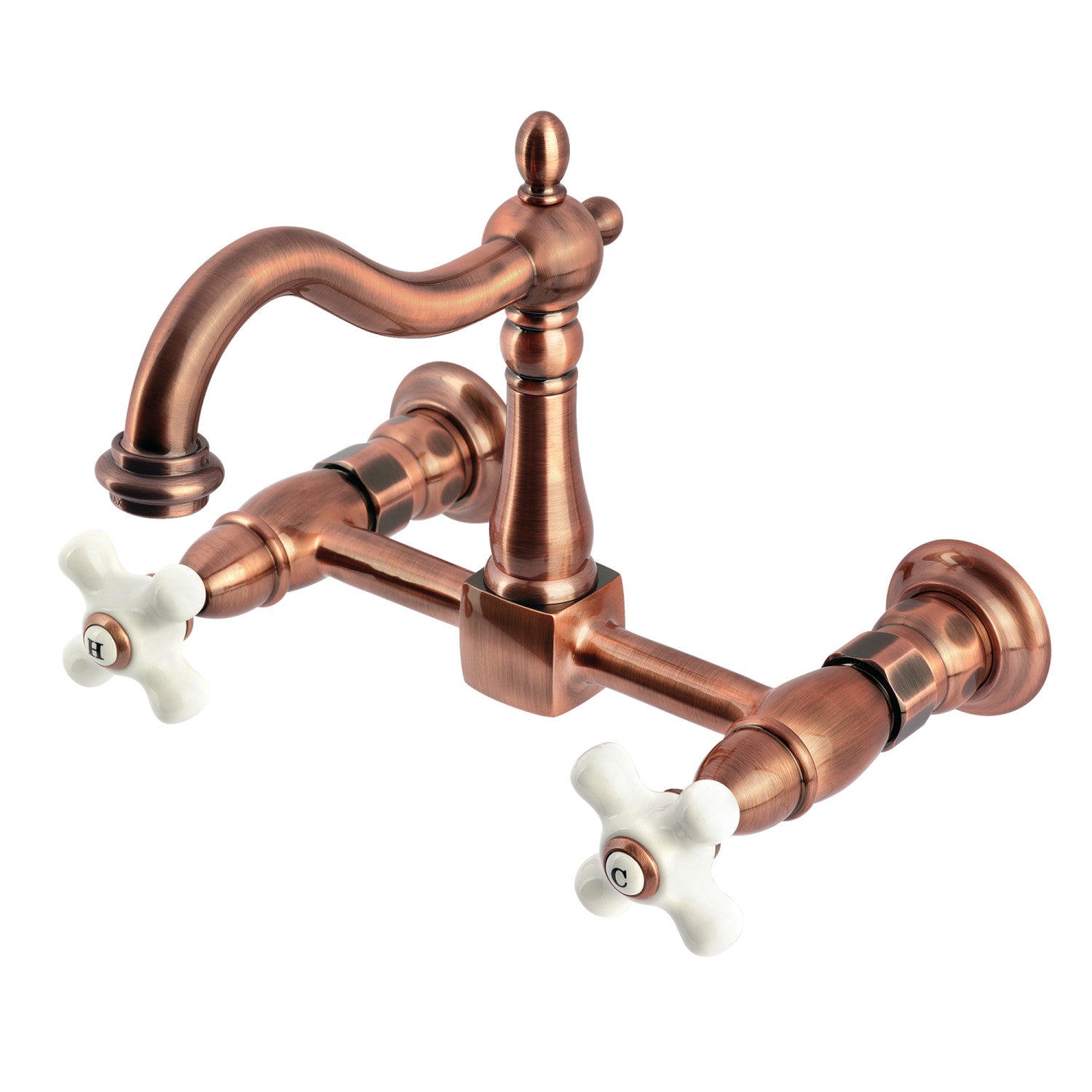 Kingston Heirloom KS126PXAC - Robinet de cuisine à deux poignées Heritage 2 trous Wall Mount Bridge, cuivre antique