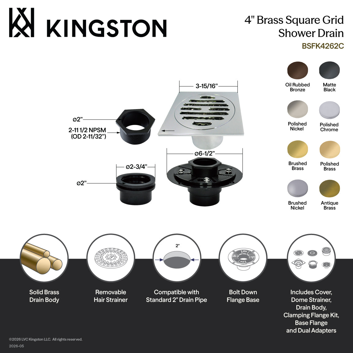 Kingston Watercourse BSFK4262PB 4-Inch Brass Square Grid Shower Drain with Hair Strainer and Base Flange, Polished Brass
