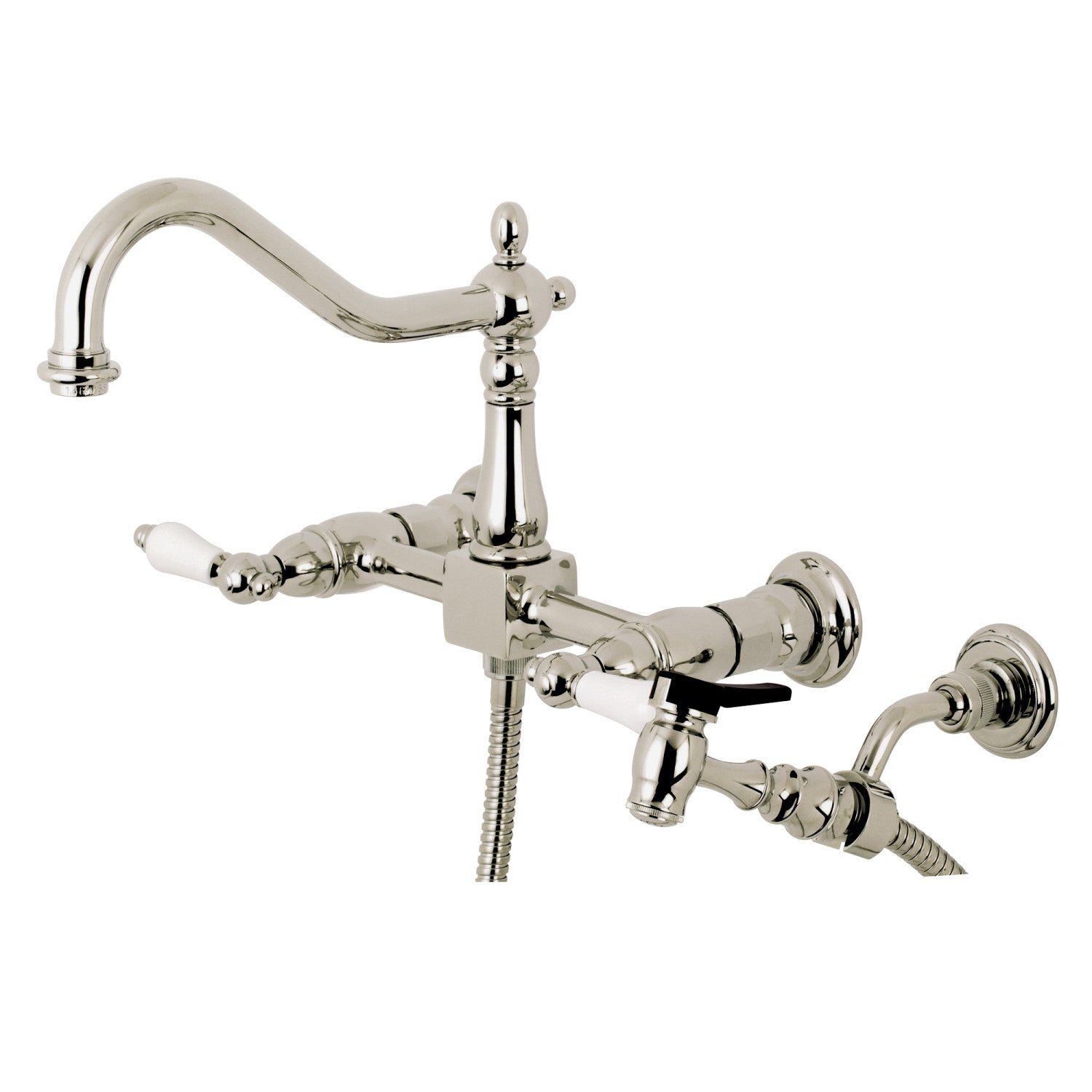 Kingston Heirloom KS1246PLBS - Robinet de cuisine à deux poignées Heritage 3 trous avec pulvérisateur en laiton, nickel poli