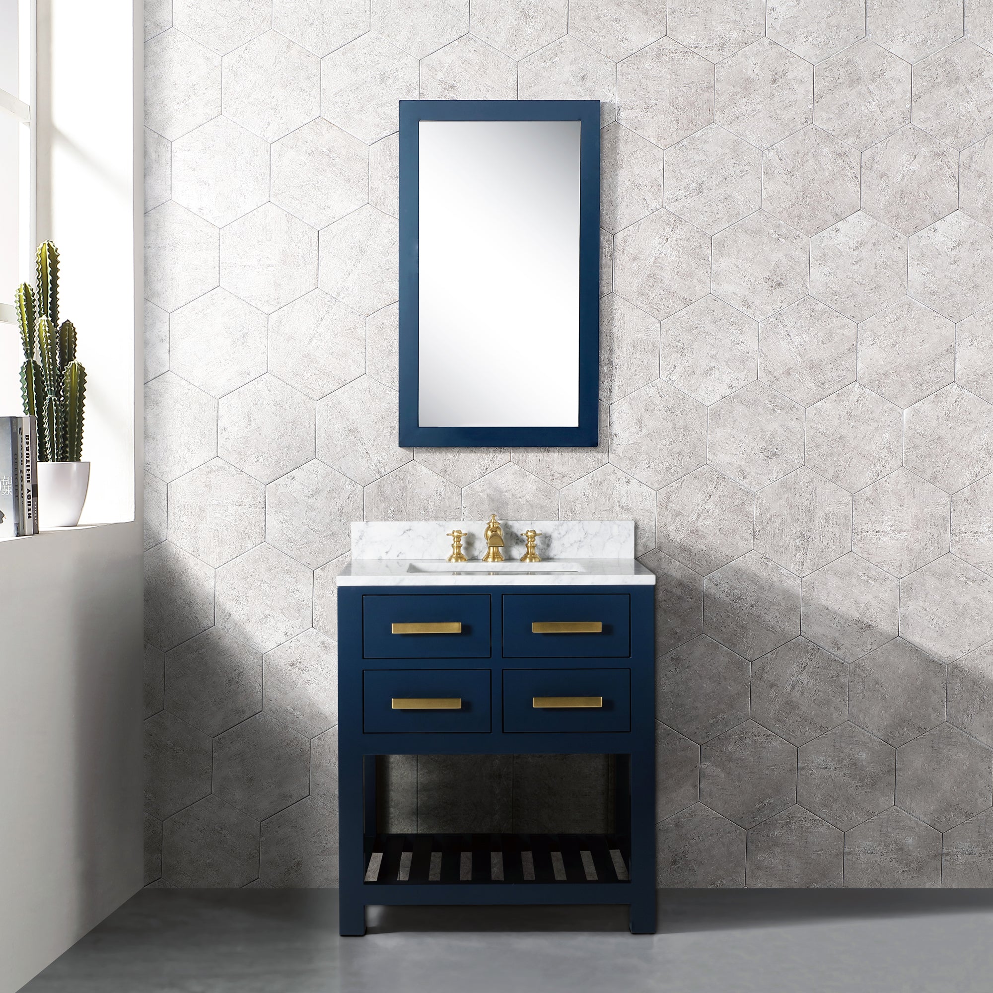 Kingston Luxe MA30CW06MB - 30 in. x 21.5 in. Bathroom Vanity Carrara White Marble Top and White Basin, Monarch Blue