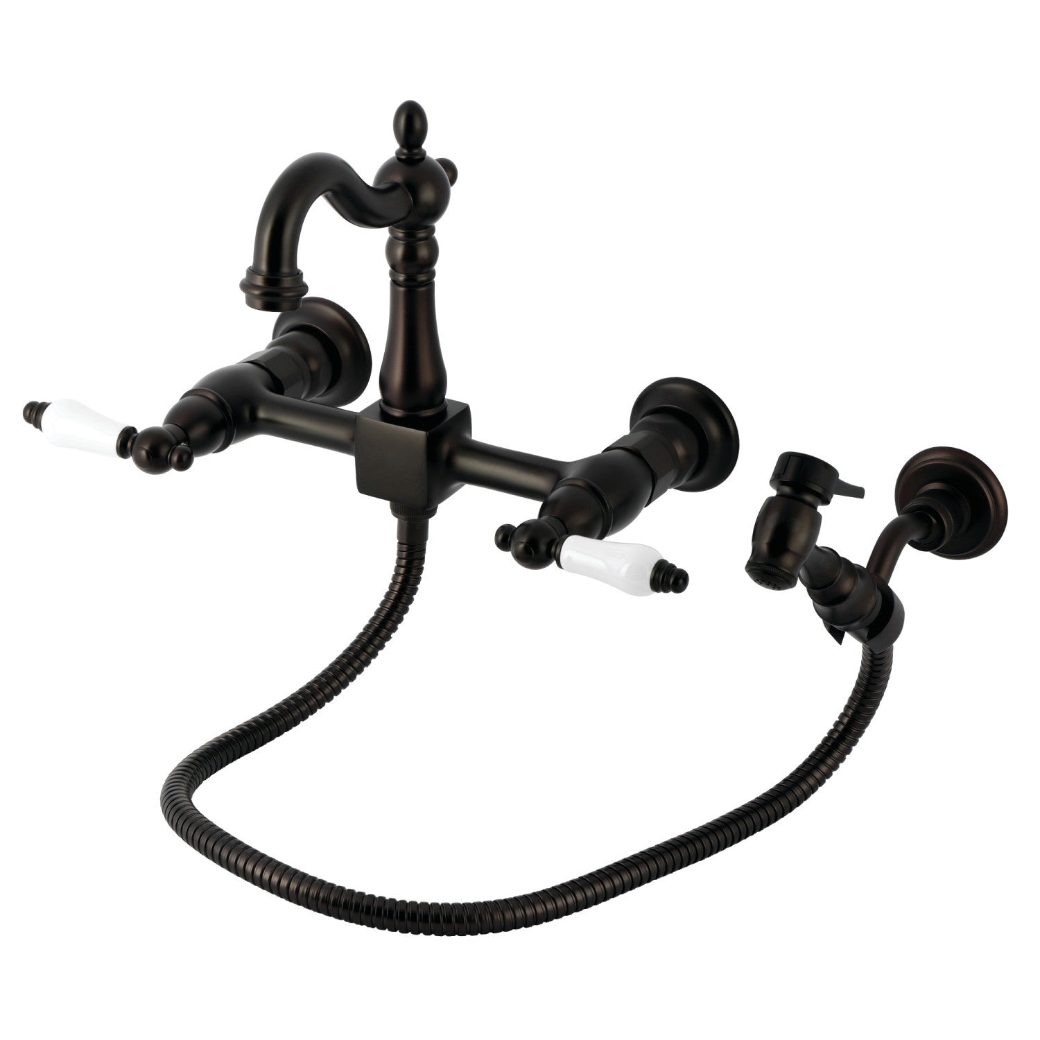 Kingston Heirloom KS2445PLBS - Robinet de cuisine à deux poignées Heritage 3 trous Wall Mount Bridge avec pulvérisateur en laiton, bronze à l'huile
