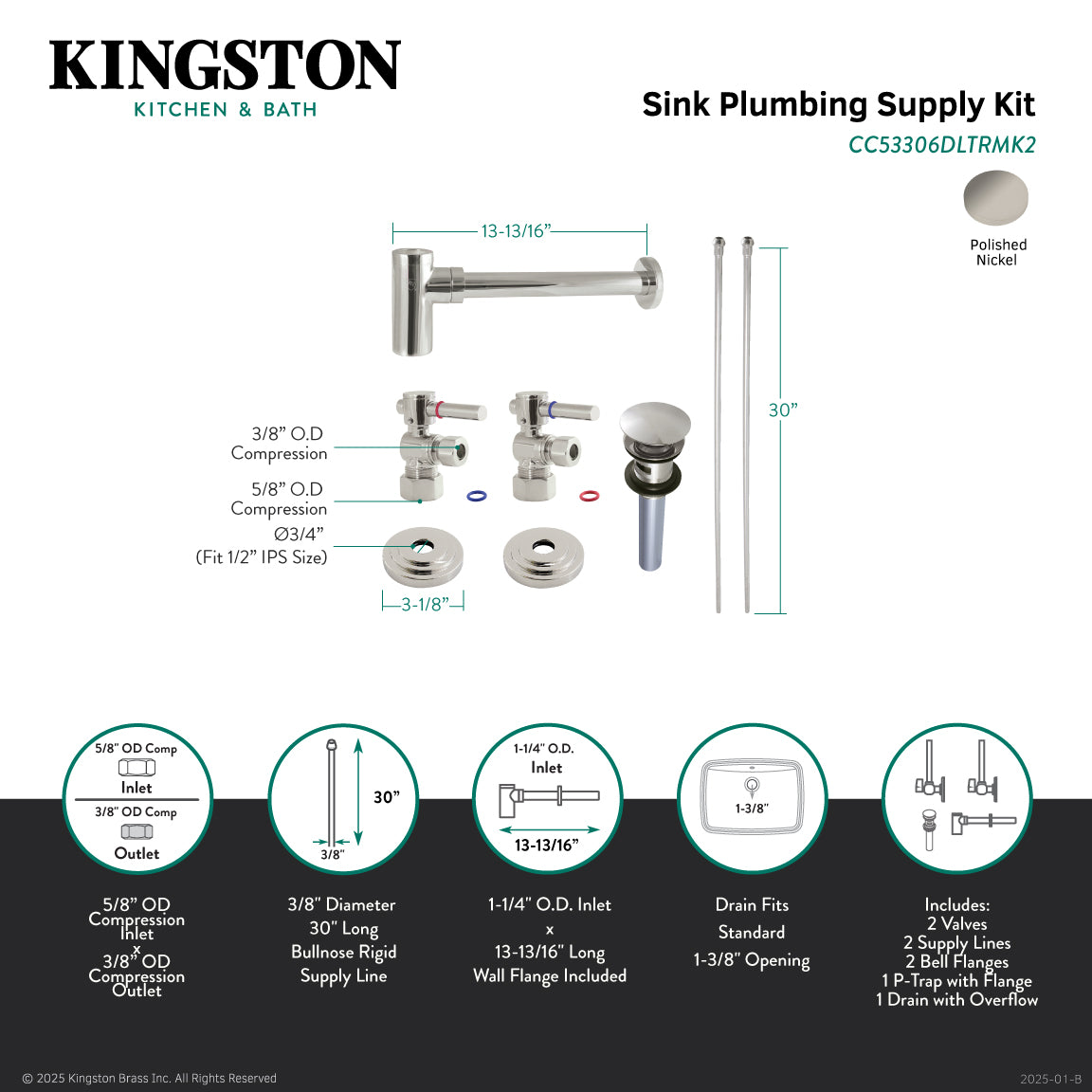 Kingston Sona CC53306DLTRMK2 - Trimscape Modern Plumbing Sink Trim Kit with Bottle Trap and Overflow Drain, Polished Nickel