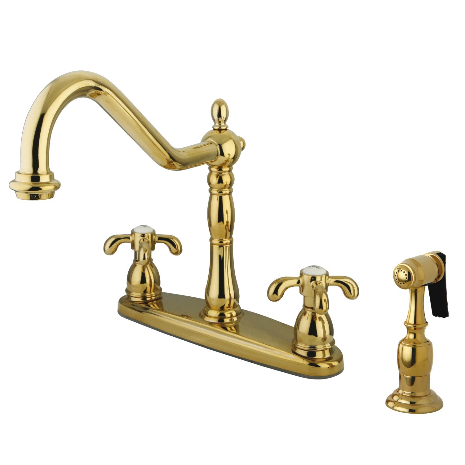 Kingston Heirloom KB1752TXBS - Robinet de cuisine à deux poignées 4 trous 8" avec pulvérisateur en laiton, laiton poli