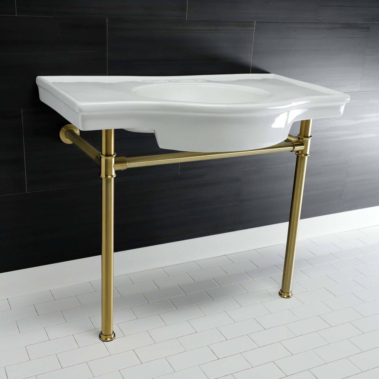 Kingston Tulare VPB1377ST - Templeton 37-Inch Ceramic Console Sink with Stainless Steel Legs (8-Inch, 3-Hole), White/Brushed Brass