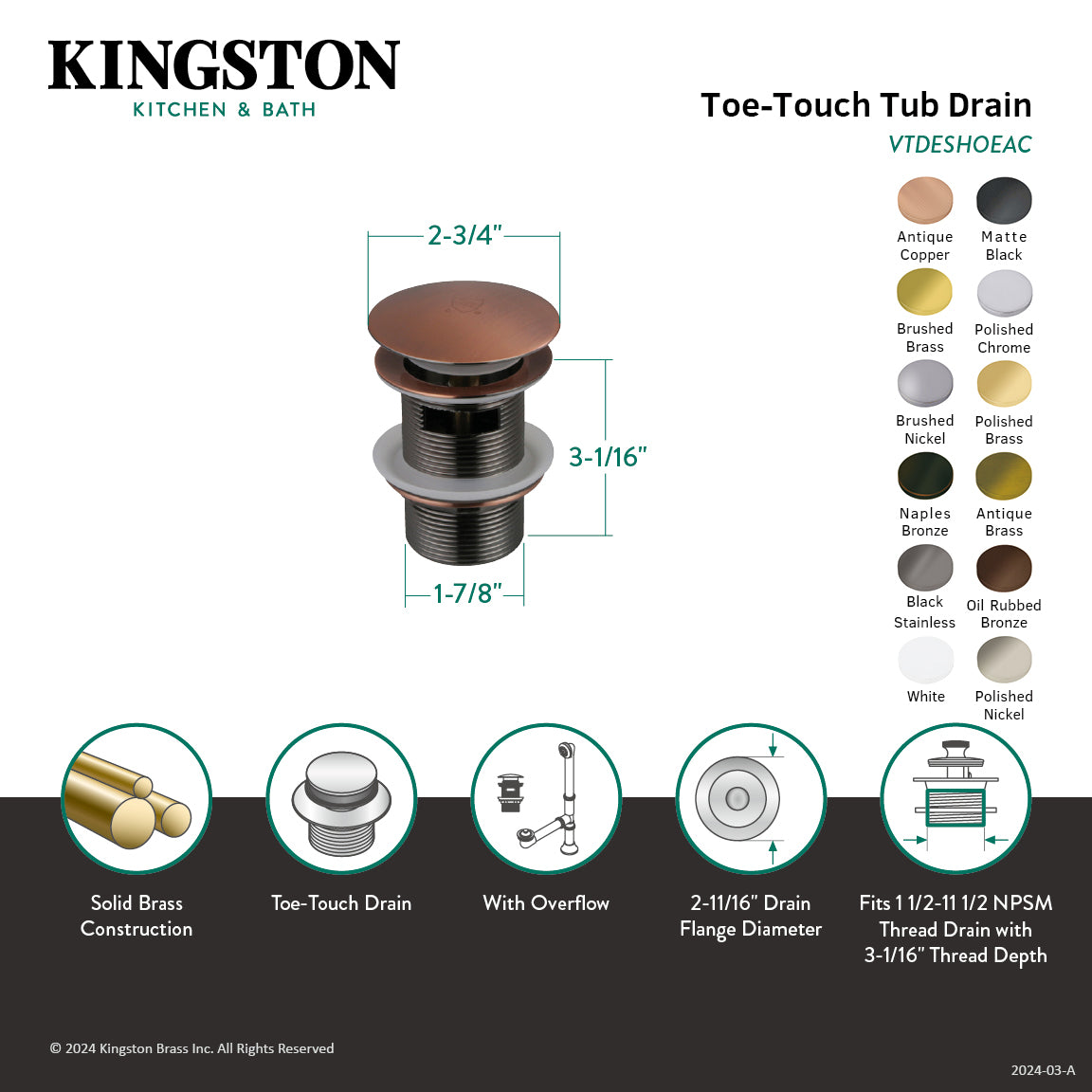 Kingston Sona VTDESHOEAB - Trimscape Brass Toe Touch Tub Drain Shoe with Overflow, Antique Brass