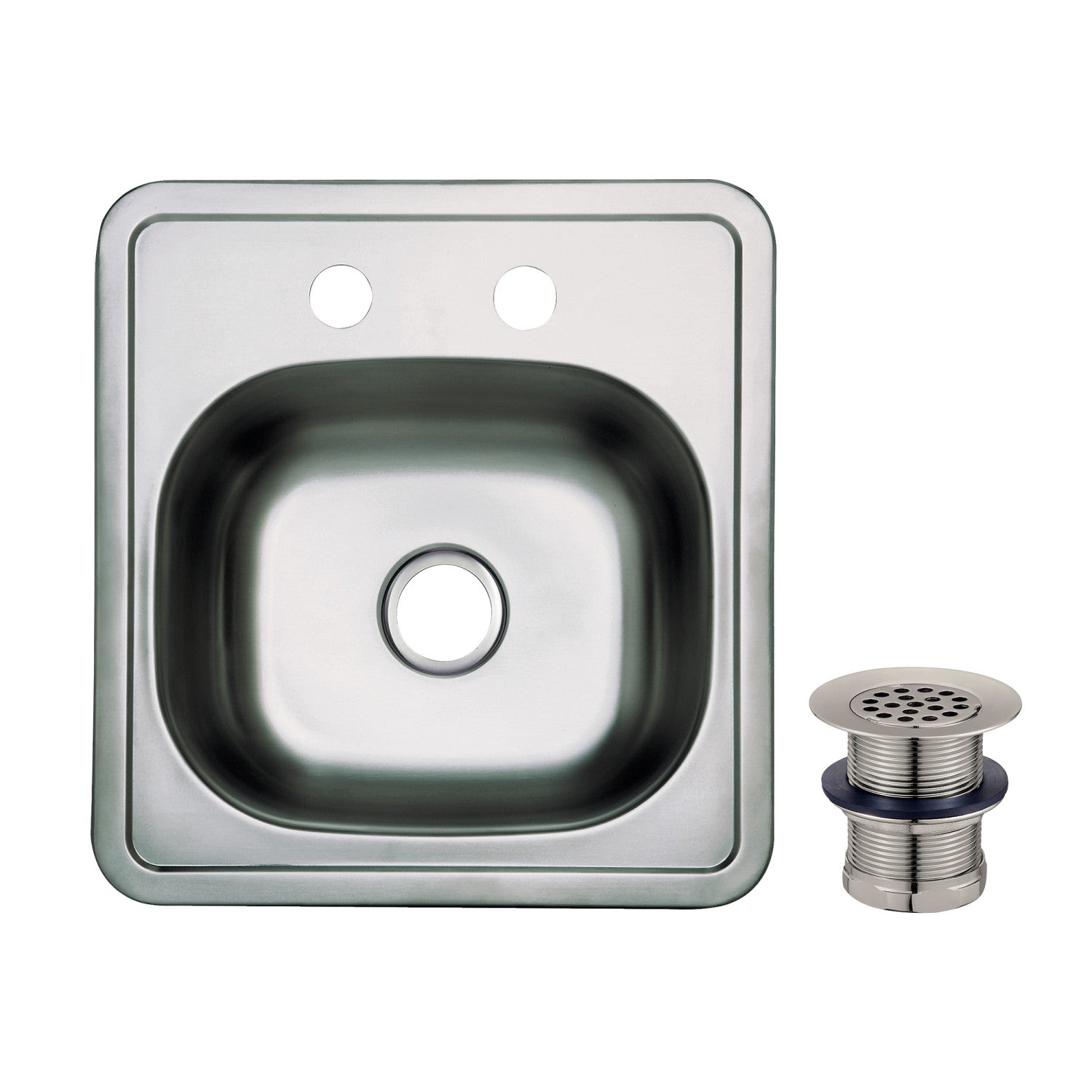 Kingston Tulare KGKTS15158 - Studio 15-Inch Stainless Steel Self-Rimming Single Bowl Drop-In Bar Prep Sink (2-Hole) with Strainer, Brushed Stainless Steel/Brushed Nickel