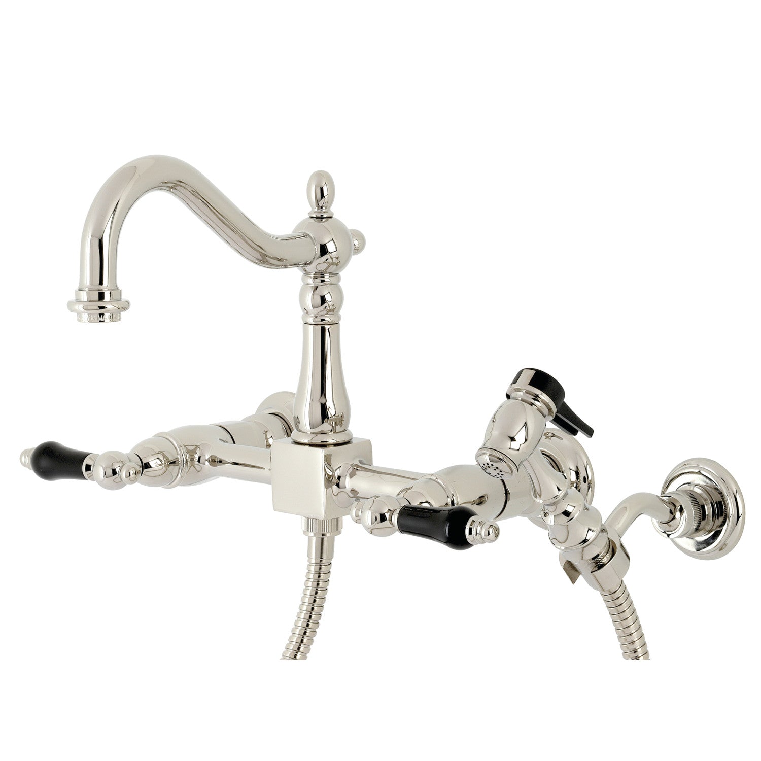 Kingston Heirloom KS1266PKLBS - Robinet de cuisine à deux poignées 3 trous Wall Mount Bridge avec pulvérisateur en laiton, nickel poli
