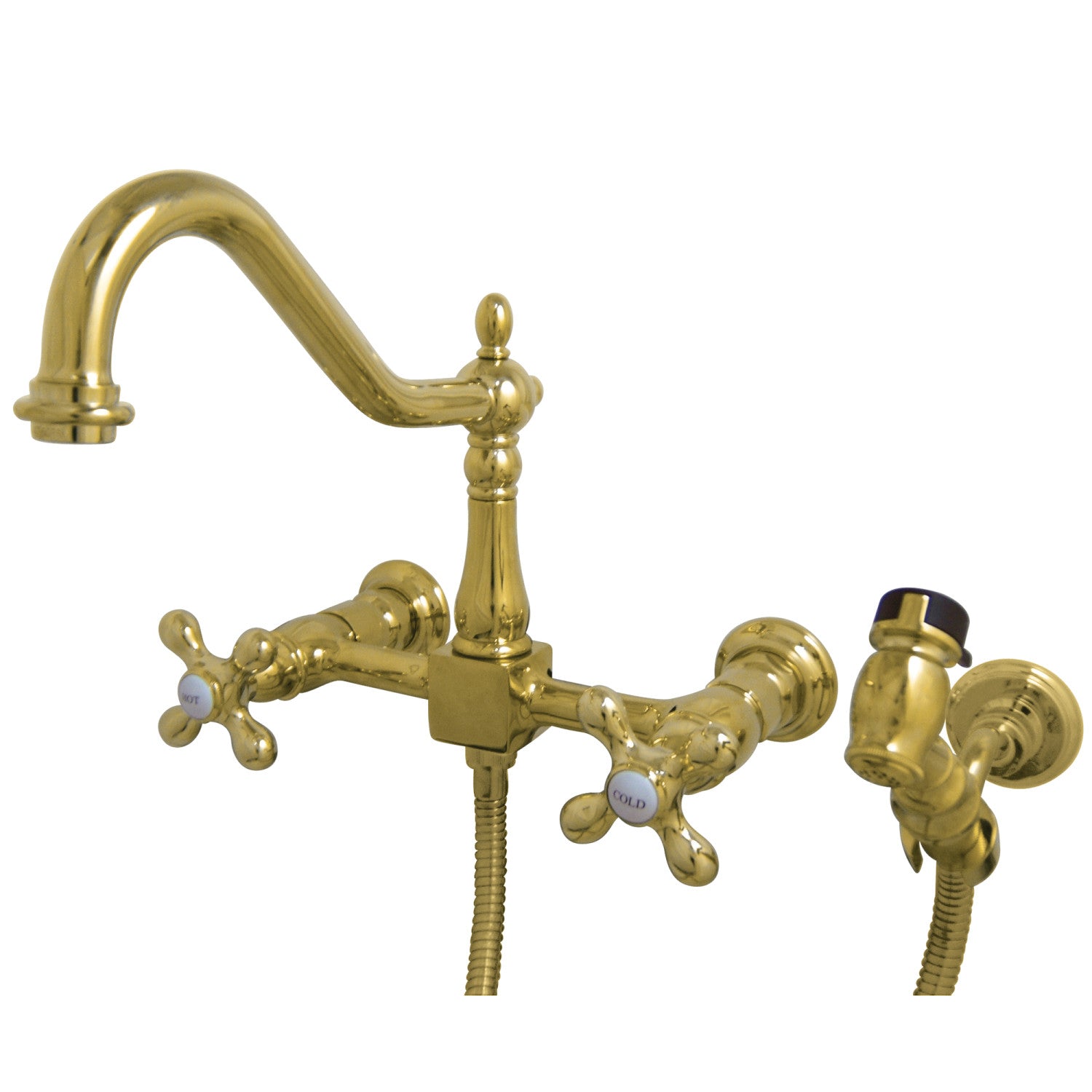 Kingston Heirloom KS1242AXBS - Robinet de cuisine à double poignée Heritage 3 trous Wall Mount Bridge avec pulvérisateur en laiton, laiton poli