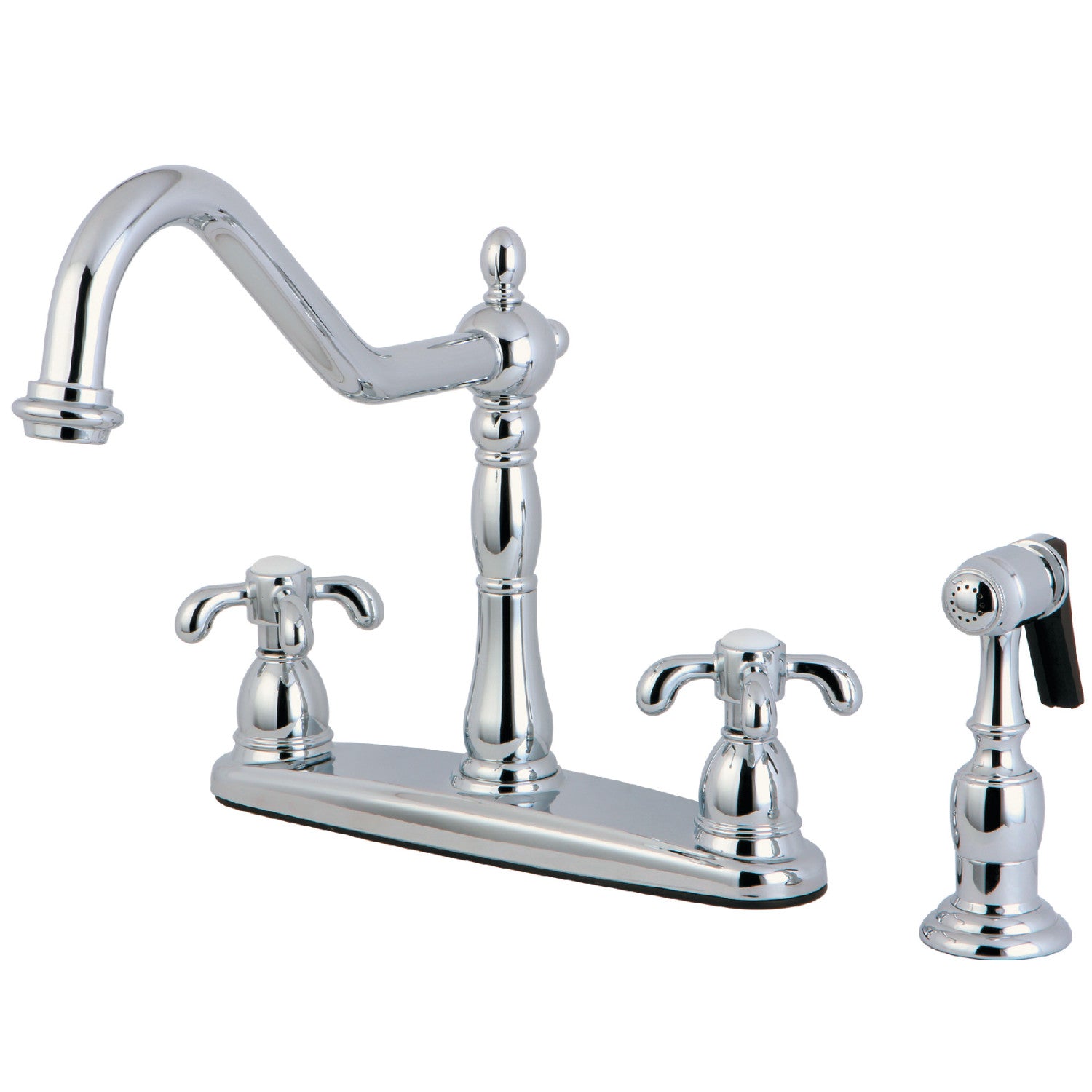 Kingston Heirloom KB1751TXBS - Robinet de cuisine à deux poignées 4 trous 8" avec pulvérisateur en laiton, chrome poli