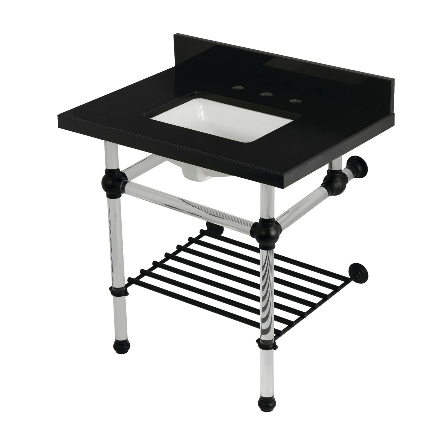 Kingston Tulare KVPK3030KASQB0 - Évier à console en granit noir Templeton 30-inch avec pieds et étagère en acrylique (8-inch, 3-hole), noir granit/noir mat