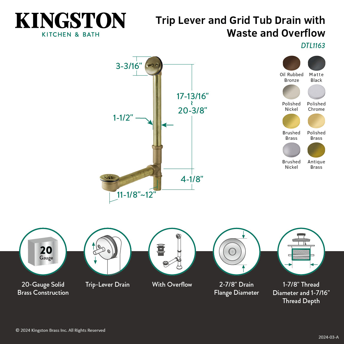 Kingston Tulare DTL1167 - Made To Match 21-Inch Brass Trip Lever Tub Waste and Overflow with Grid Strainer, Brushed Brass