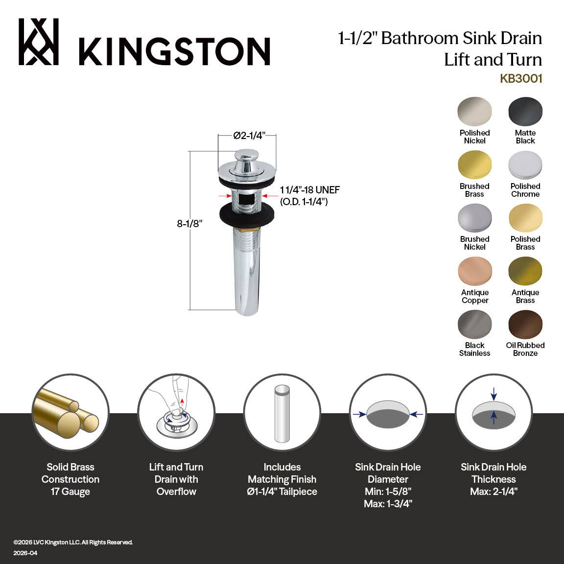 Kingston Heirloom KB300VN - Fauceture Brass Lift and Turn Bathroom Sink Drain with Overflow, 17 Gauge, Black Stainless