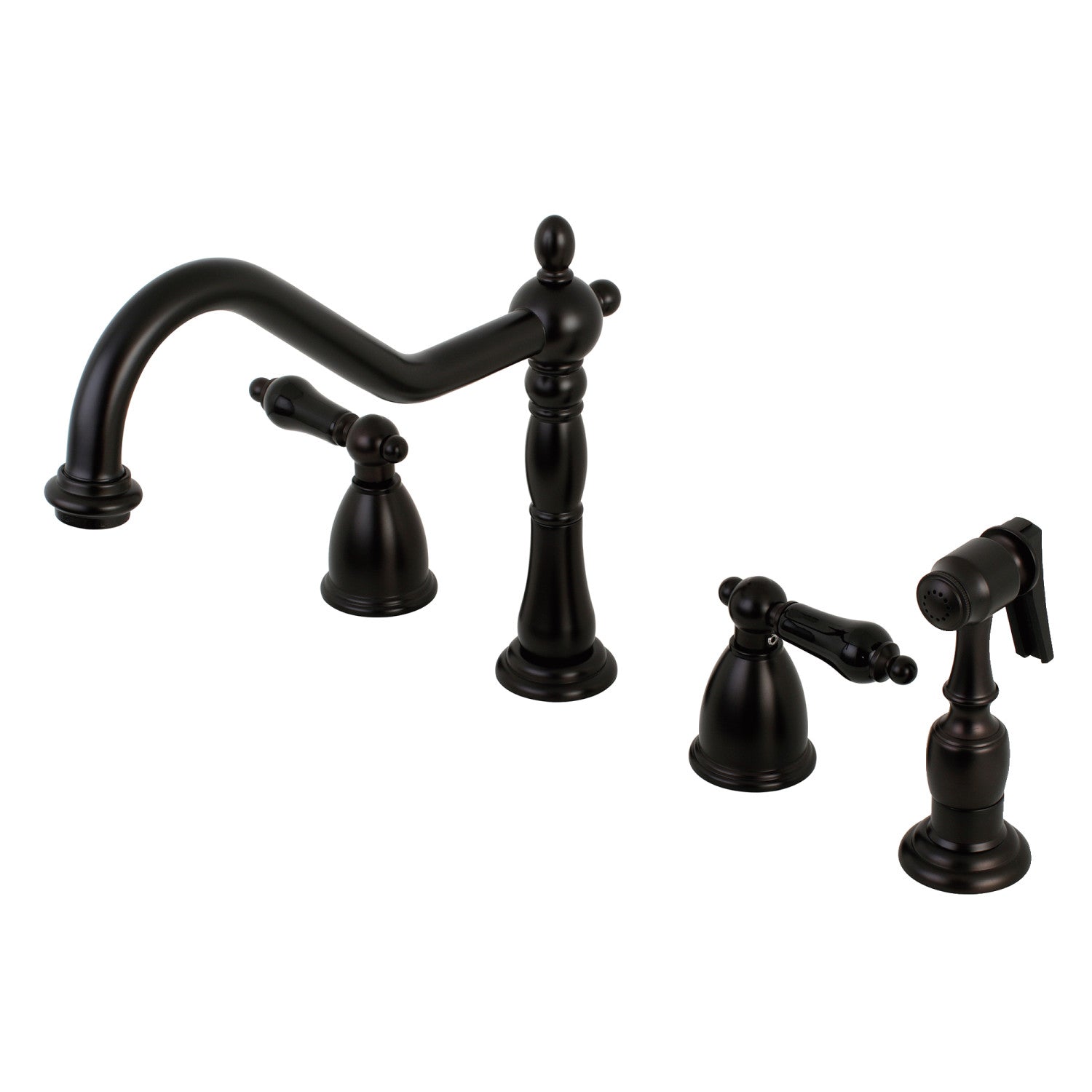 Kingston Heirloom KB1795PKLBS - Robinet de cuisine à double poignée 4 trous avec pulvérisateur en laiton, bronze frotté à l'huile