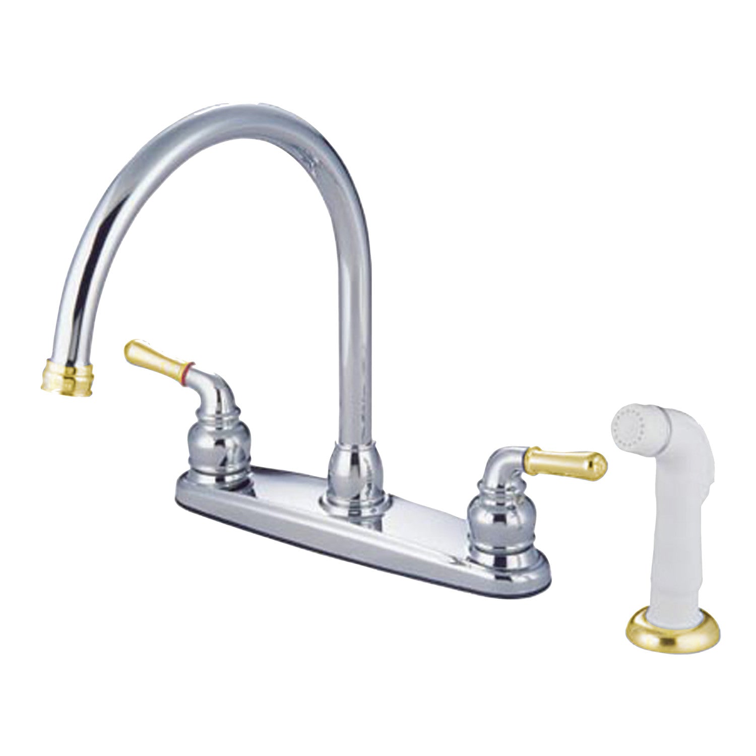 Kingston Tulare KB794 - Robinet de cuisine central à deux poignées Magellan 4 trous 8" avec pulvérisateur latéral, chrome poli / laiton poli