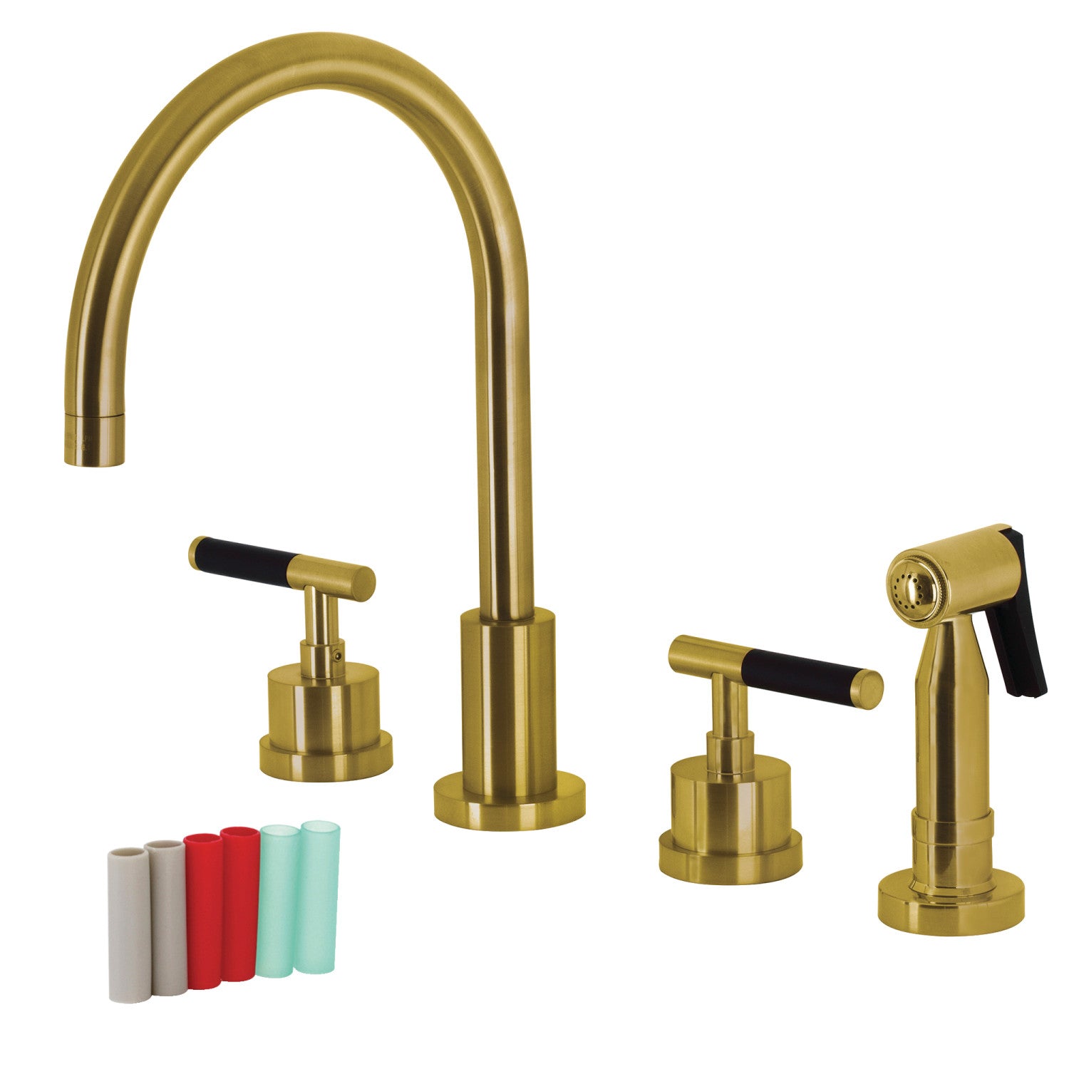 Kingston Sona KS8727CKLBS - Robinet de cuisine à double poignée Kaiser 4 trous avec pulvérisateur en laiton, laiton brossé