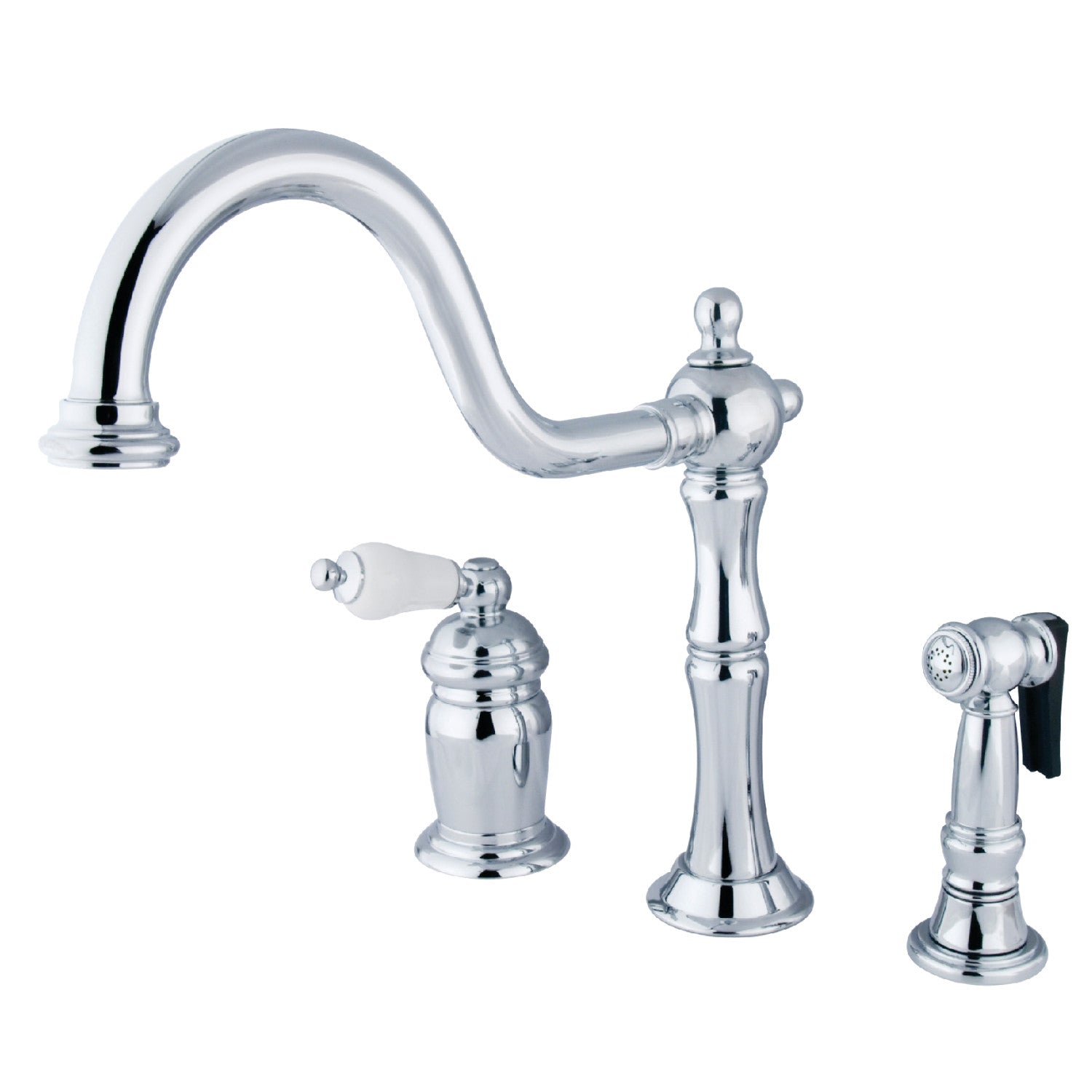 Kingston Heirloom KS1811PLBS - Robinet de cuisine à une poignée Heritage 3 trous avec pulvérisateur en laiton, chrome poli
