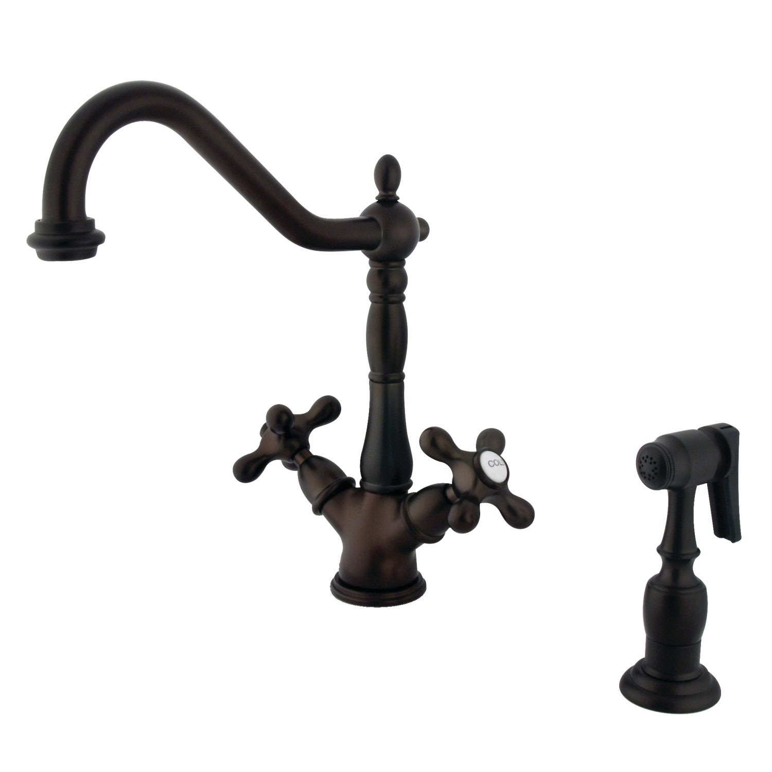 Kingston Heirloom KS1235AXBS - Robinet de cuisine à deux poignées Heritage 2-or-4 avec pulvérisateur en laiton, bronze frotté à l'huile