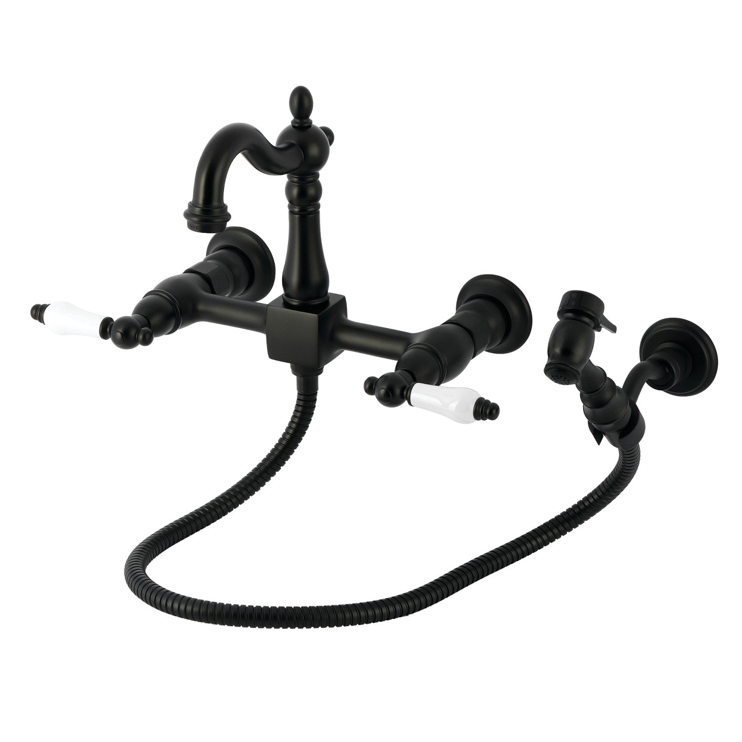 Kingston Heirloom KS2440PLBS - Robinet de cuisine à deux poignées Heritage 3 trous Wall Mount Bridge avec pulvérisateur en laiton, noir mat