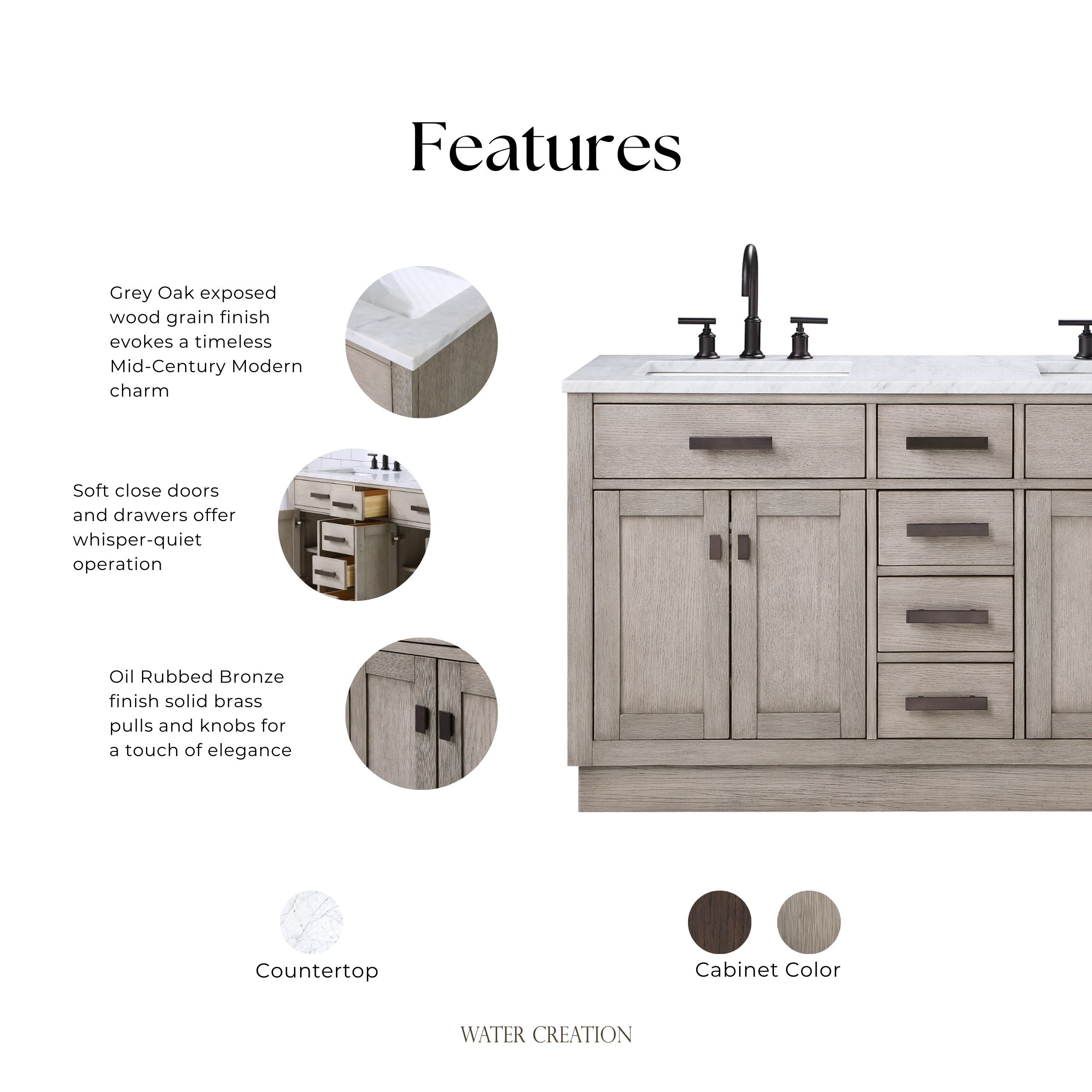 Kingston Luxe CH60CW03GK - 60 in. x 21.5 in. Bathroom Vanity Marble Top and White Basin, Grey Oak