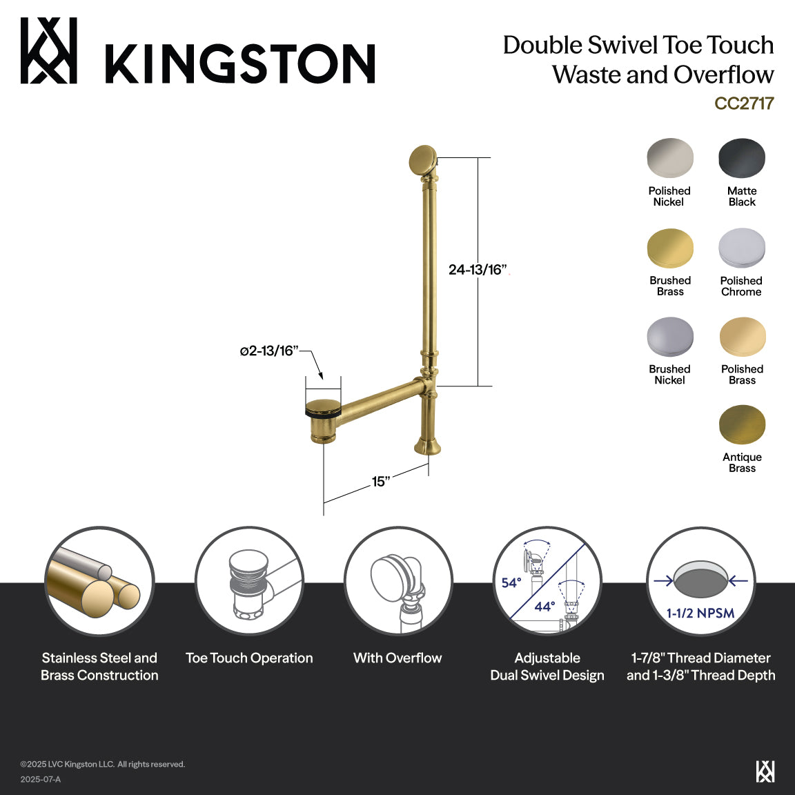 Kingston Sona CC2711 - Vintage Swivel Ball Toe Touch Tub Waste and Overflow, Polished Chrome