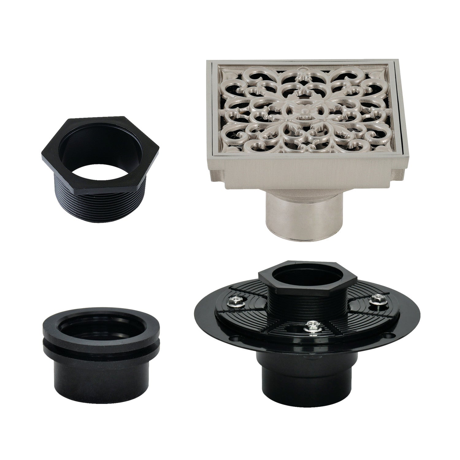 Kingston Watercourse BSFK9771BN 4-Inch Brass Square Grid Shower Drain with Hair Strainer and Base Flange, Brushed Nickel