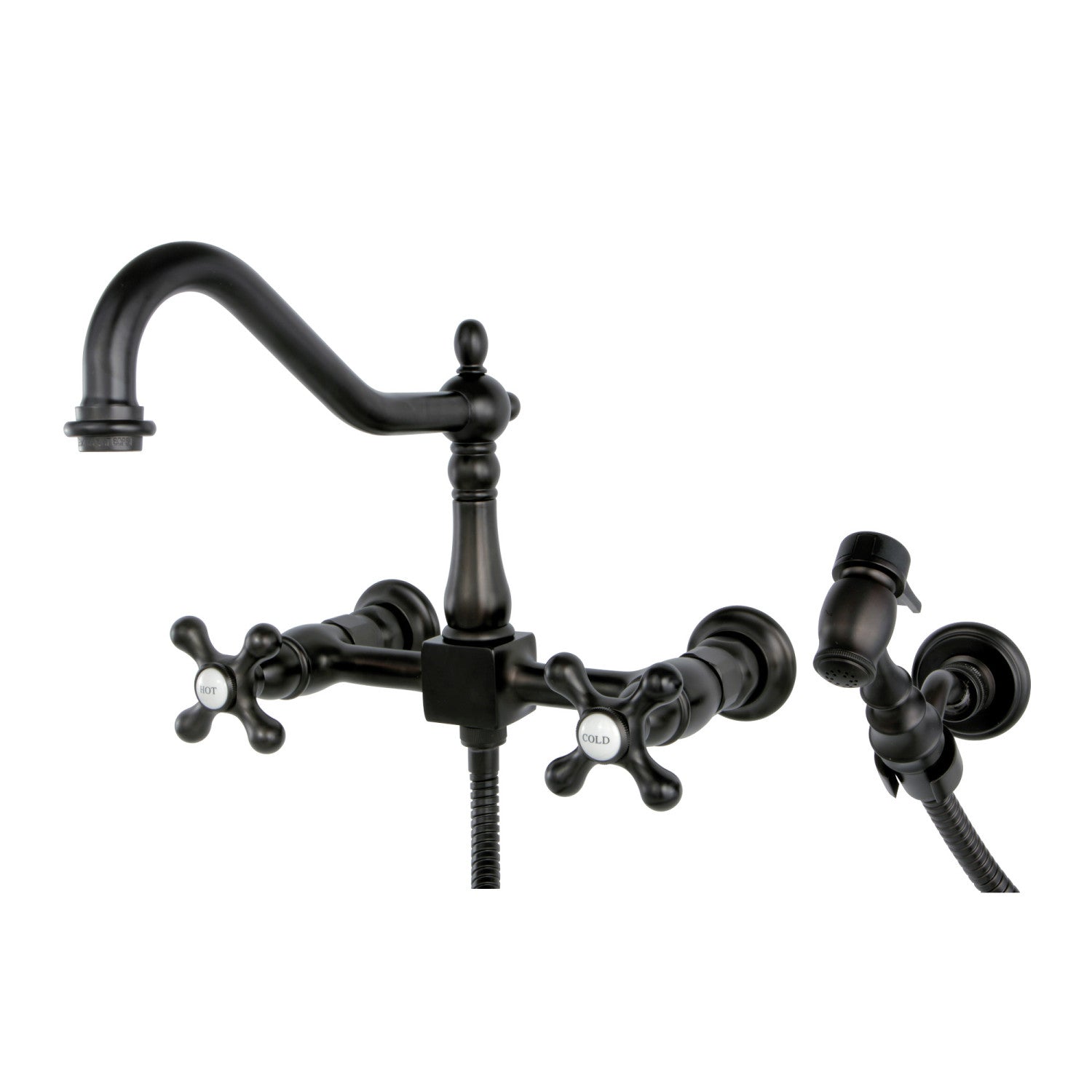 Kingston Heirloom KS1245AXBS - Heritage Two-Handle 3-Hole Wall Mount Bridge Kitchen Faucet with Brass Sprayer, Oil Rubbed Bronze