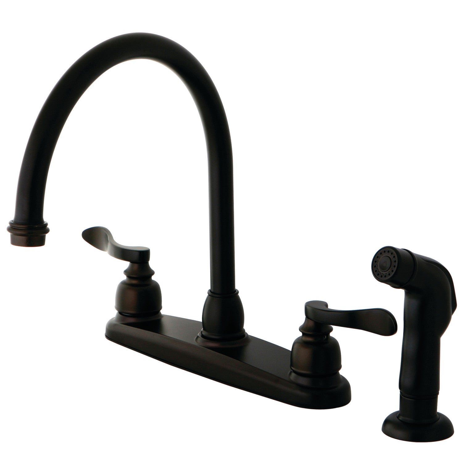 Kingston Tulare KB8795NFLSP - NuWave Robinet de cuisine à deux poignées français 4 trous 8" robinet de cuisine avec pulvérisateur latéral, bronze frotté à l'huile